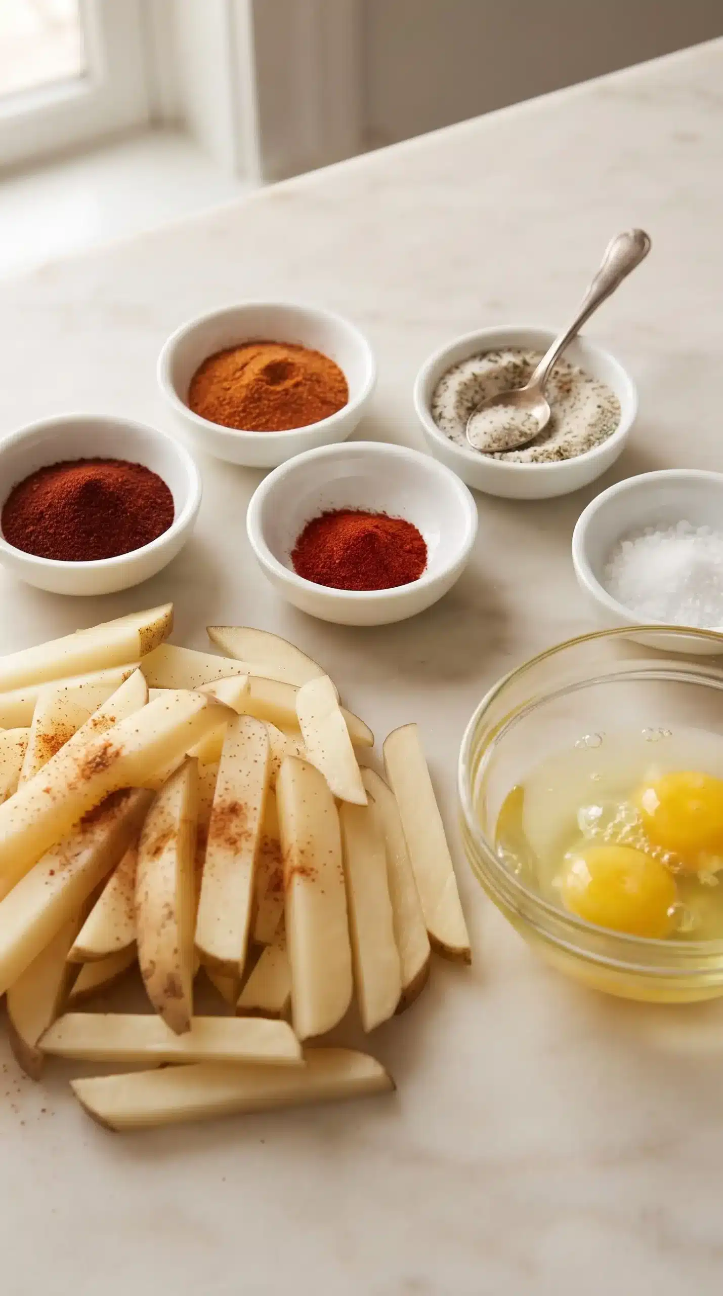Spices, potato strips, and egg whites prepared for coating baked spicy fries