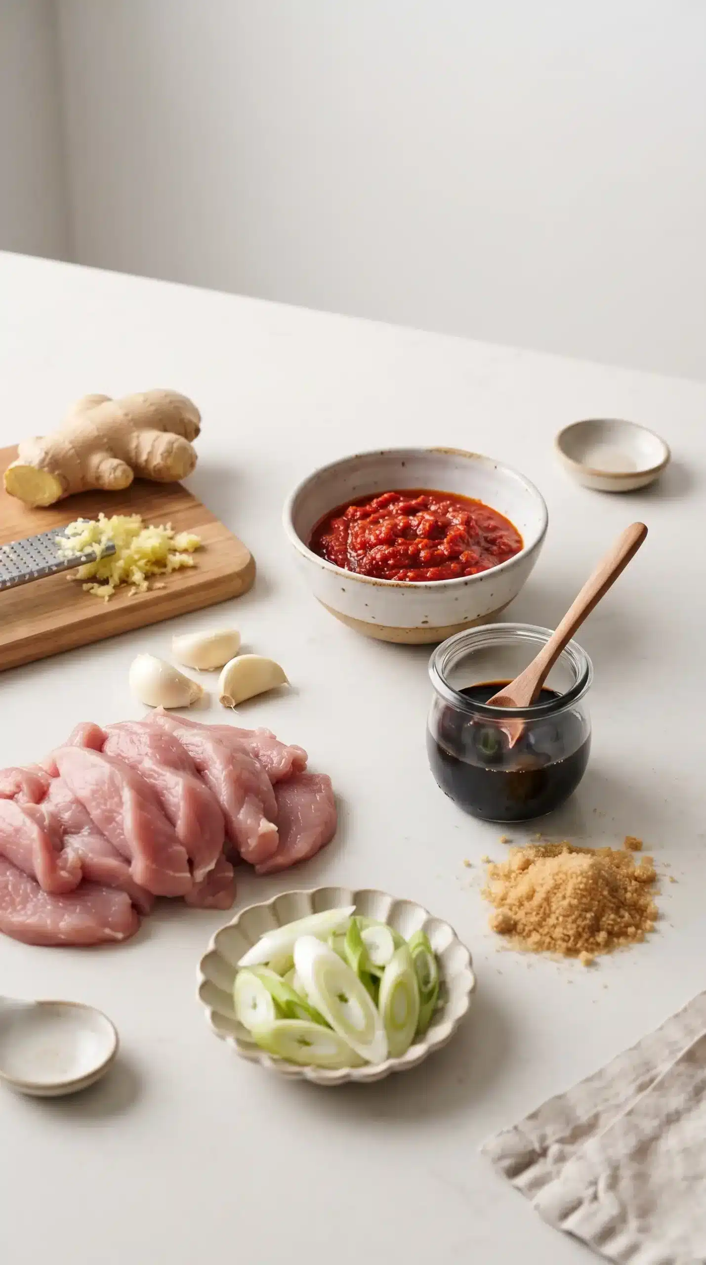 Sambal oelek, soy sauce, ginger, garlic, and sliced pork tenderloin ingredients