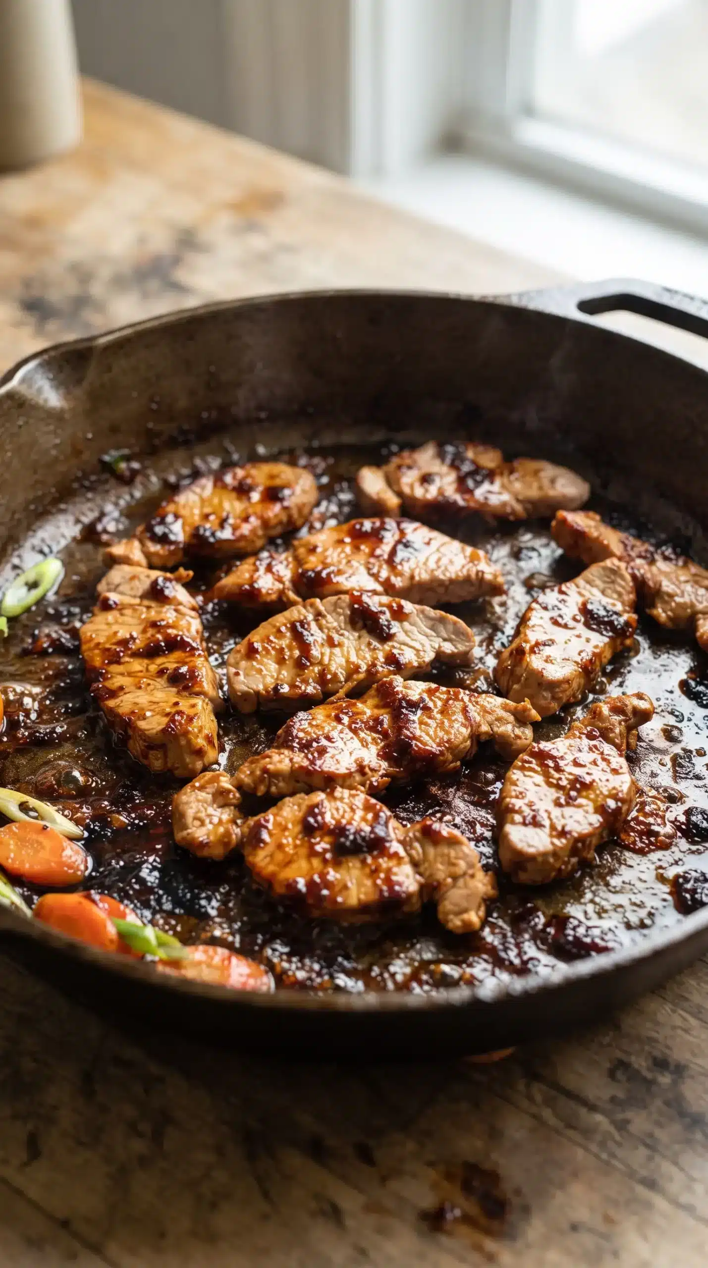 Thin pork tenderloin slices searing in a skillet with sambal oelek sauce