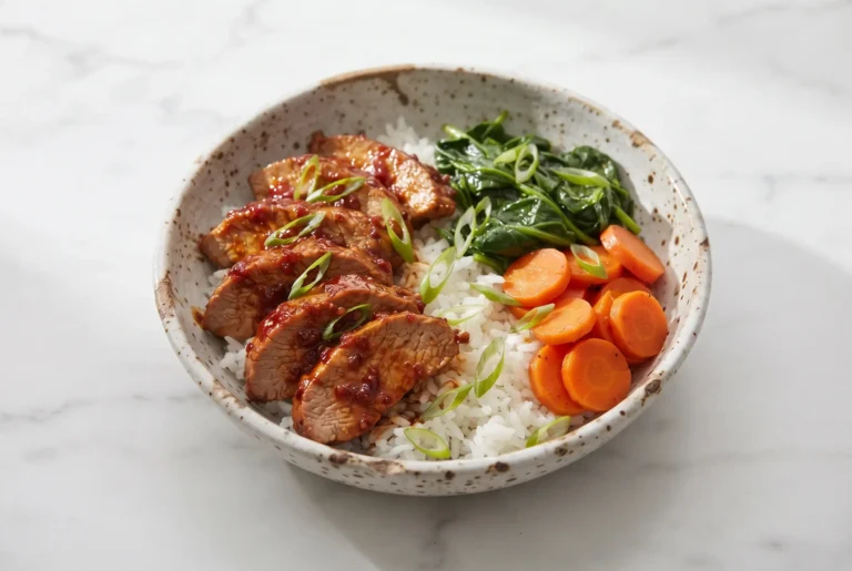 Spicy pork with sambal oelek sauce served over rice with spinach, carrots, and green onions