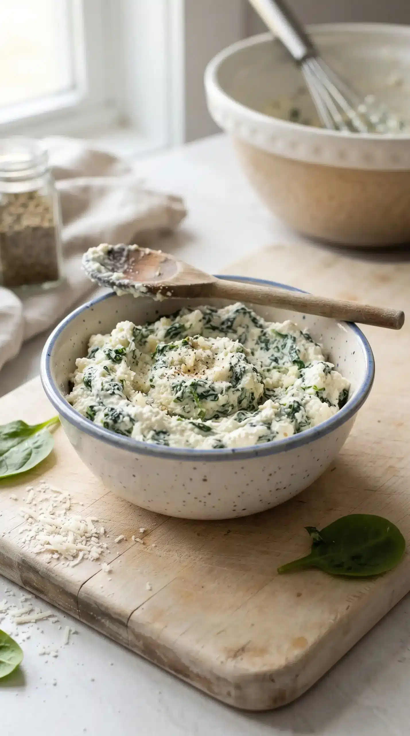 Spinach ricotta filling mixture with chopped spinach, ricotta, Parmesan, and garlic in a bowl