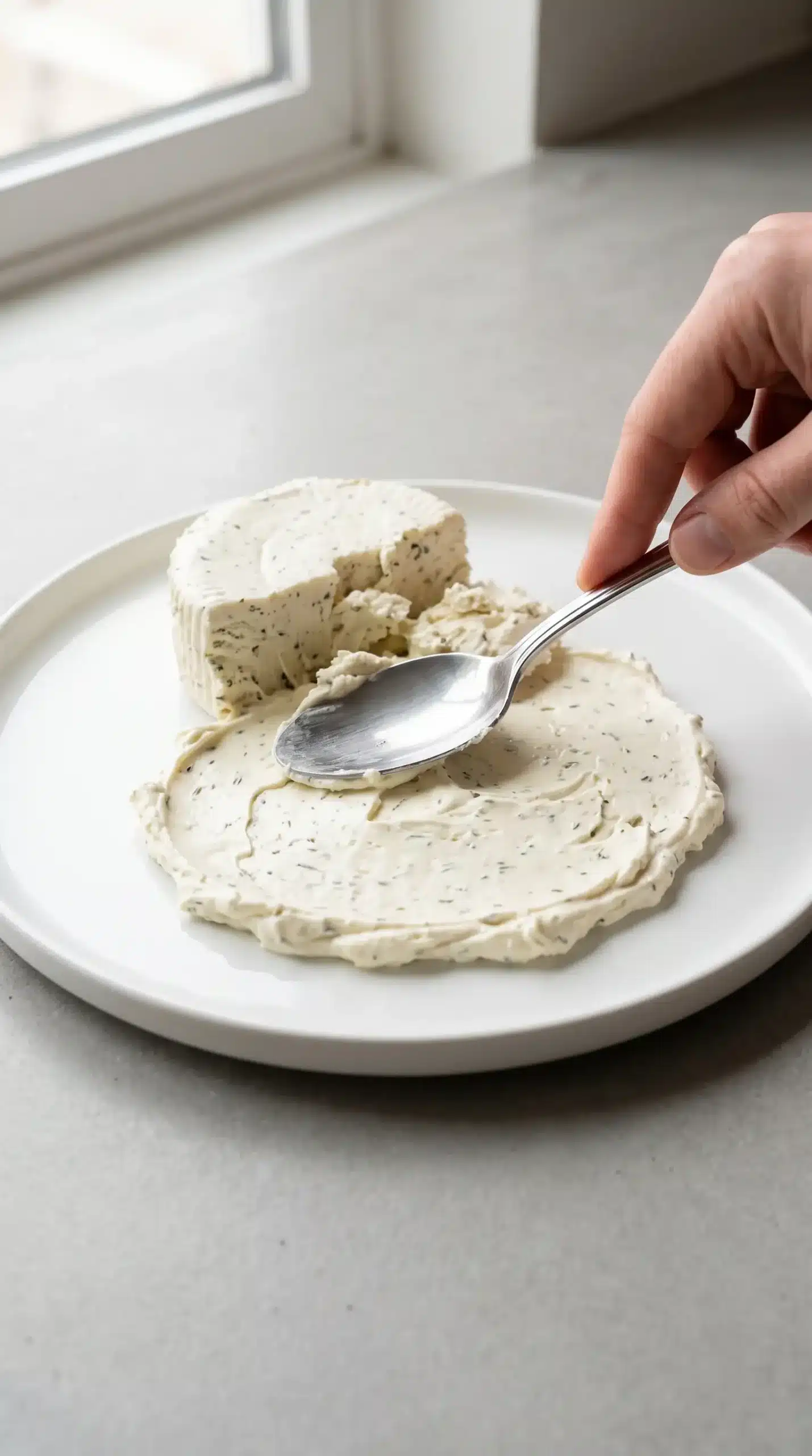 Softened Boursin cheese being spread into a smooth layer on a ceramic serving plate