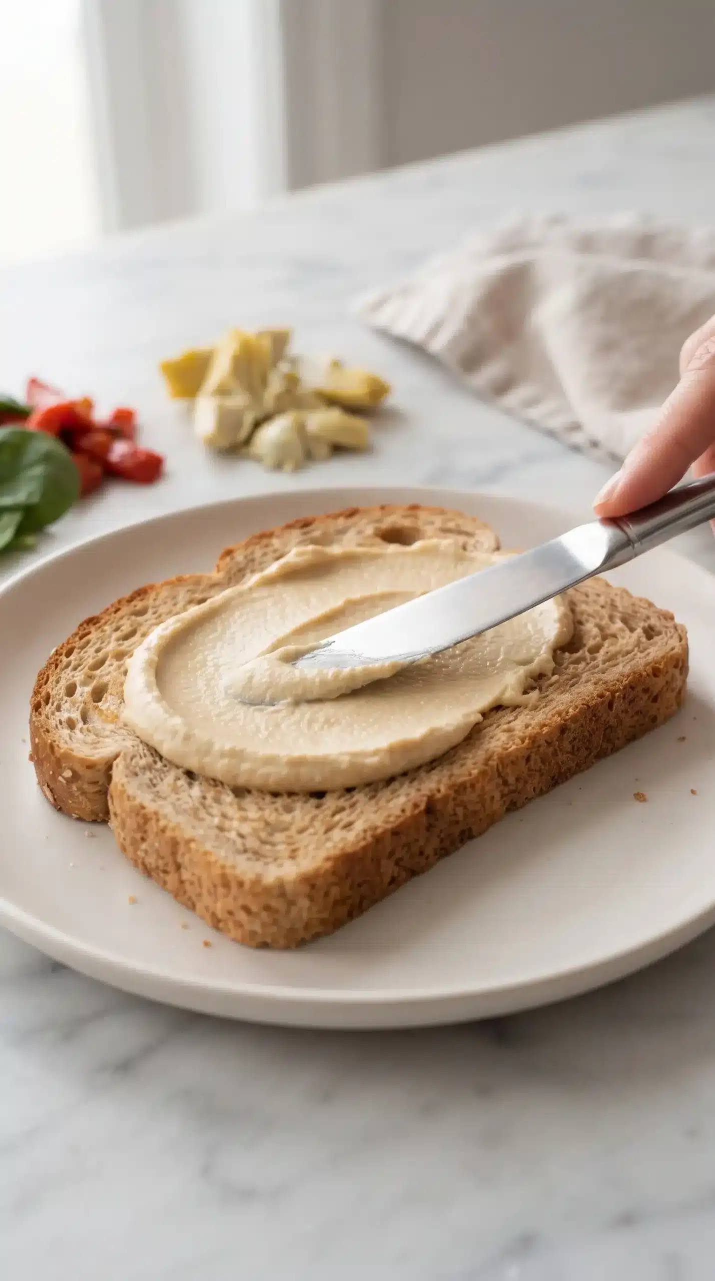 Hummus spread on whole wheat bread as the base for an artichoke and red pepper melt