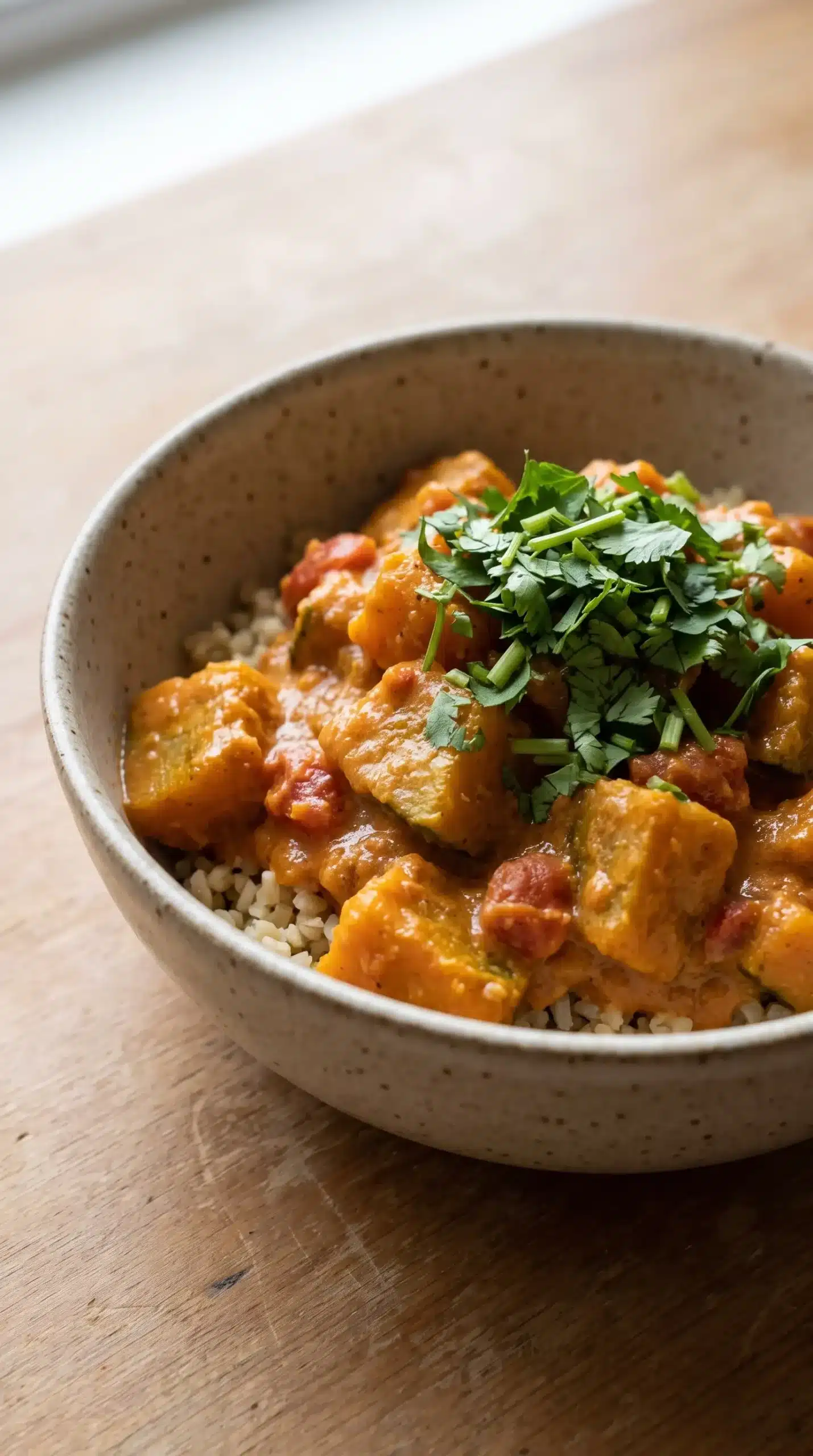 Finished squash coconut curry with coconut milk served over bulgur and topped with cilantro
