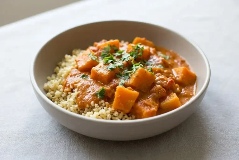 Squash coconut curry with kabocha squash, creamy coconut sauce, and bulgur in a bowl