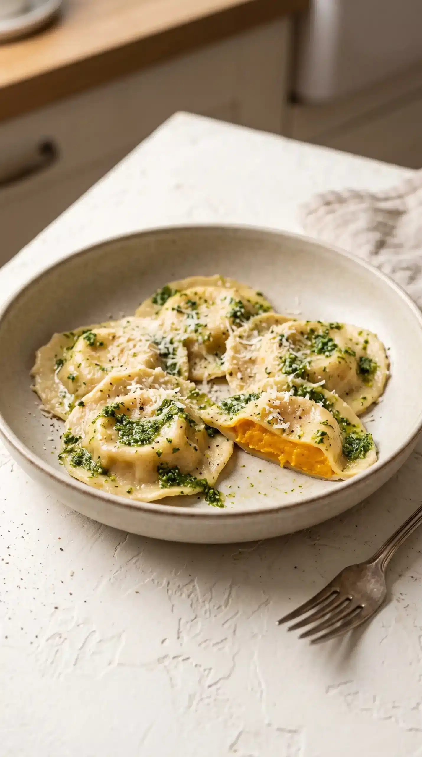 Butternut squash ravioli coated with kale pesto and topped with Parmesan