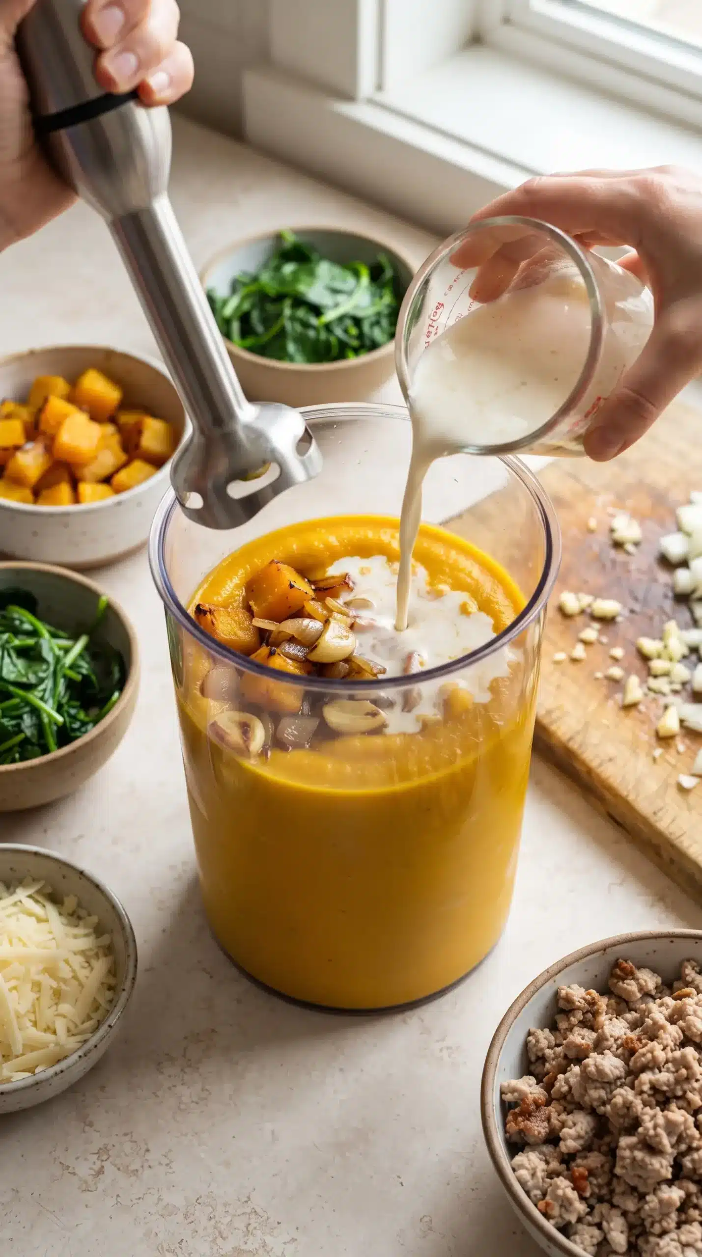 Smooth golden squash sauce being prepared for baked rigatoni with spinach and turkey