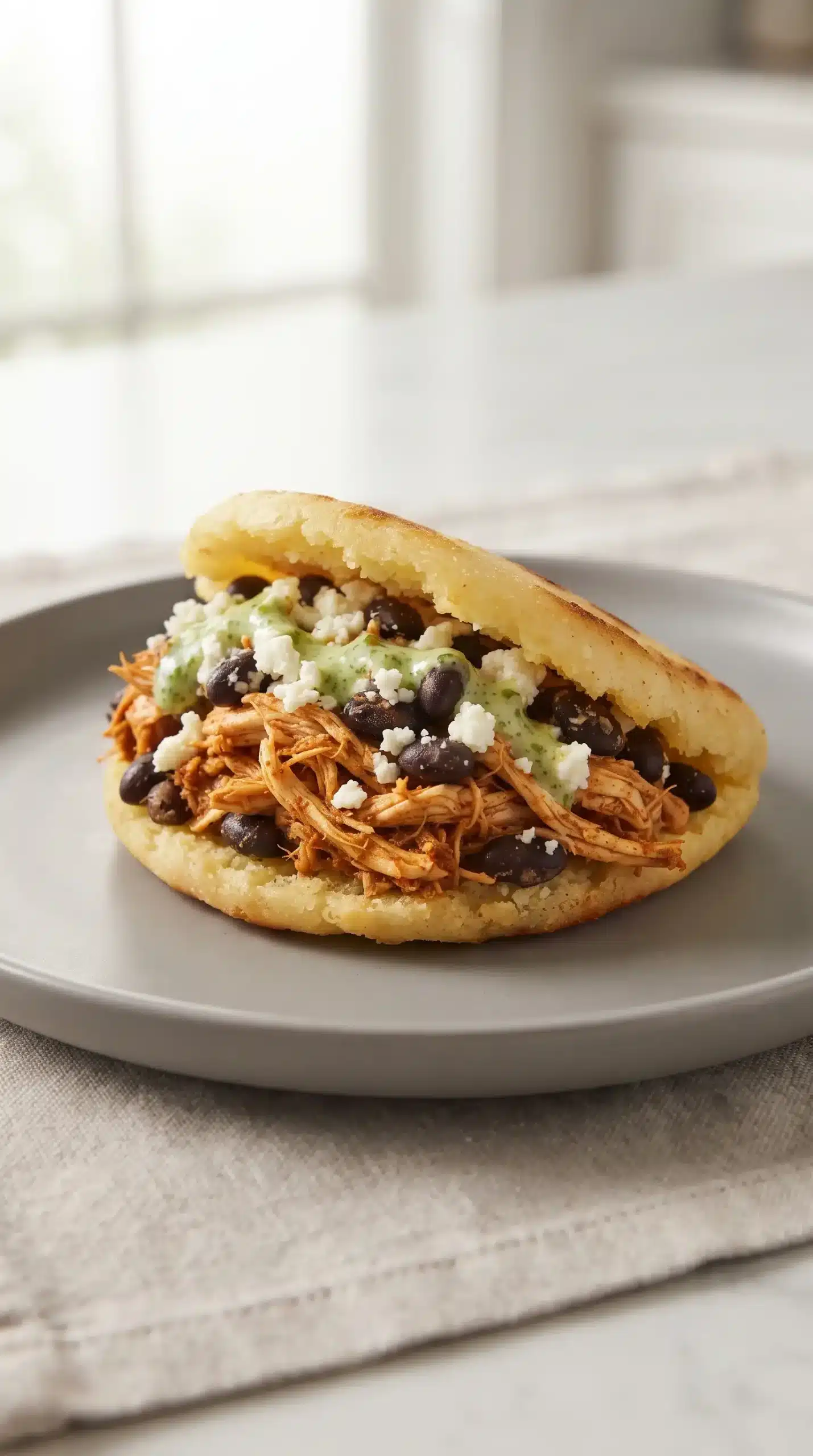 Stuffed arepa cut open to show chicken, black beans, Cotija cheese, and green sauce