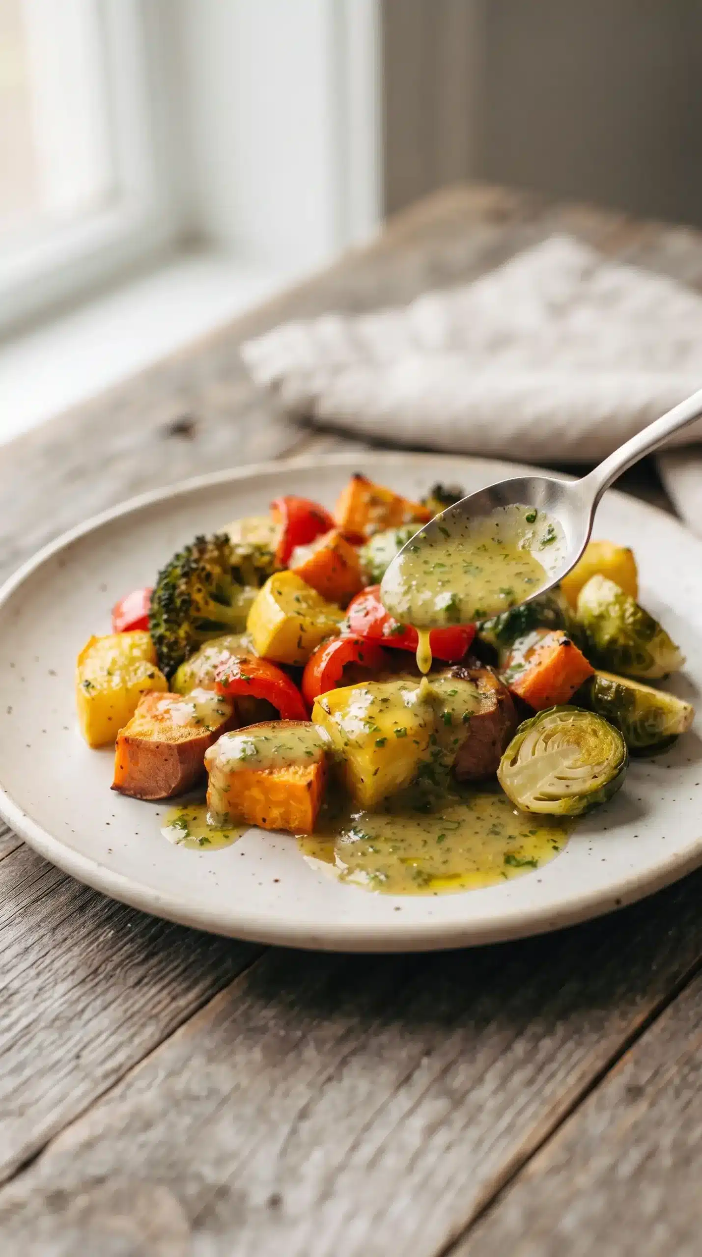 Sunshine sauce drizzled over roasted vegetables as a creamy herb finishing sauce