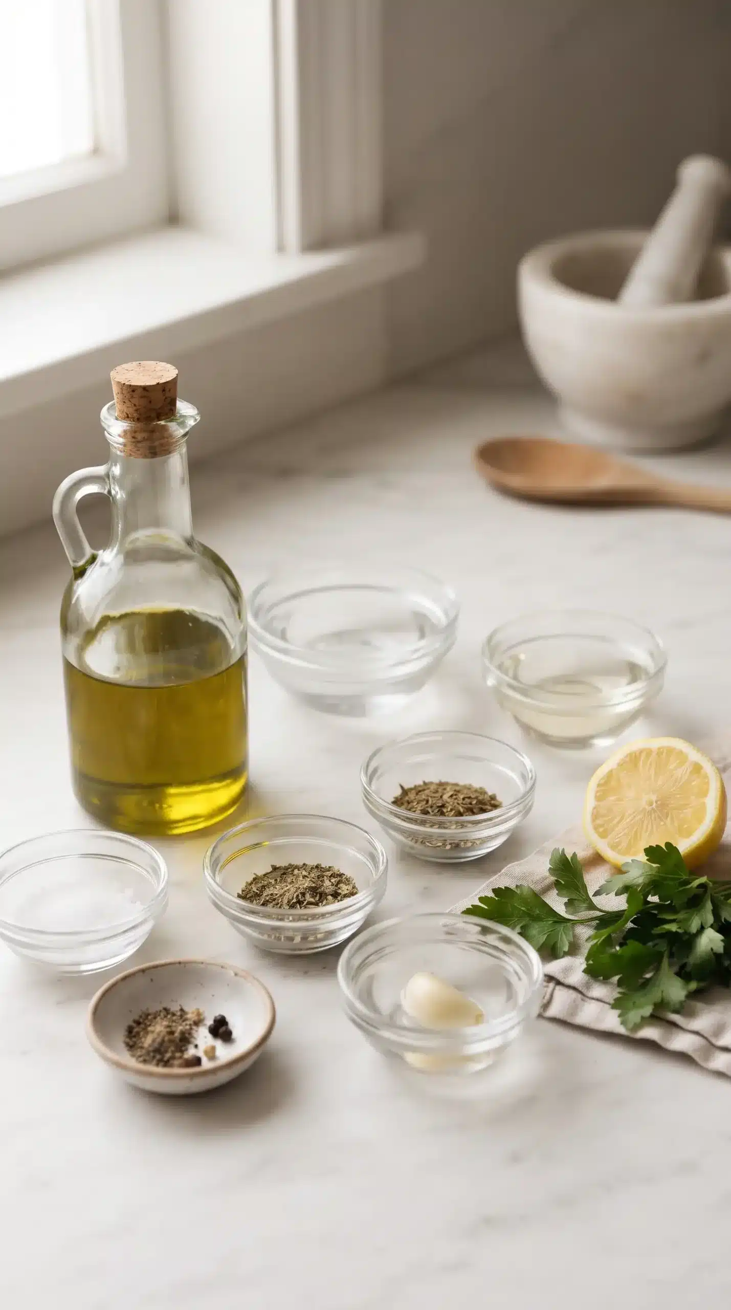 Sunshine sauce ingredients including olive oil, vinegar, herbs, garlic, salt, and pepper arranged for preparation