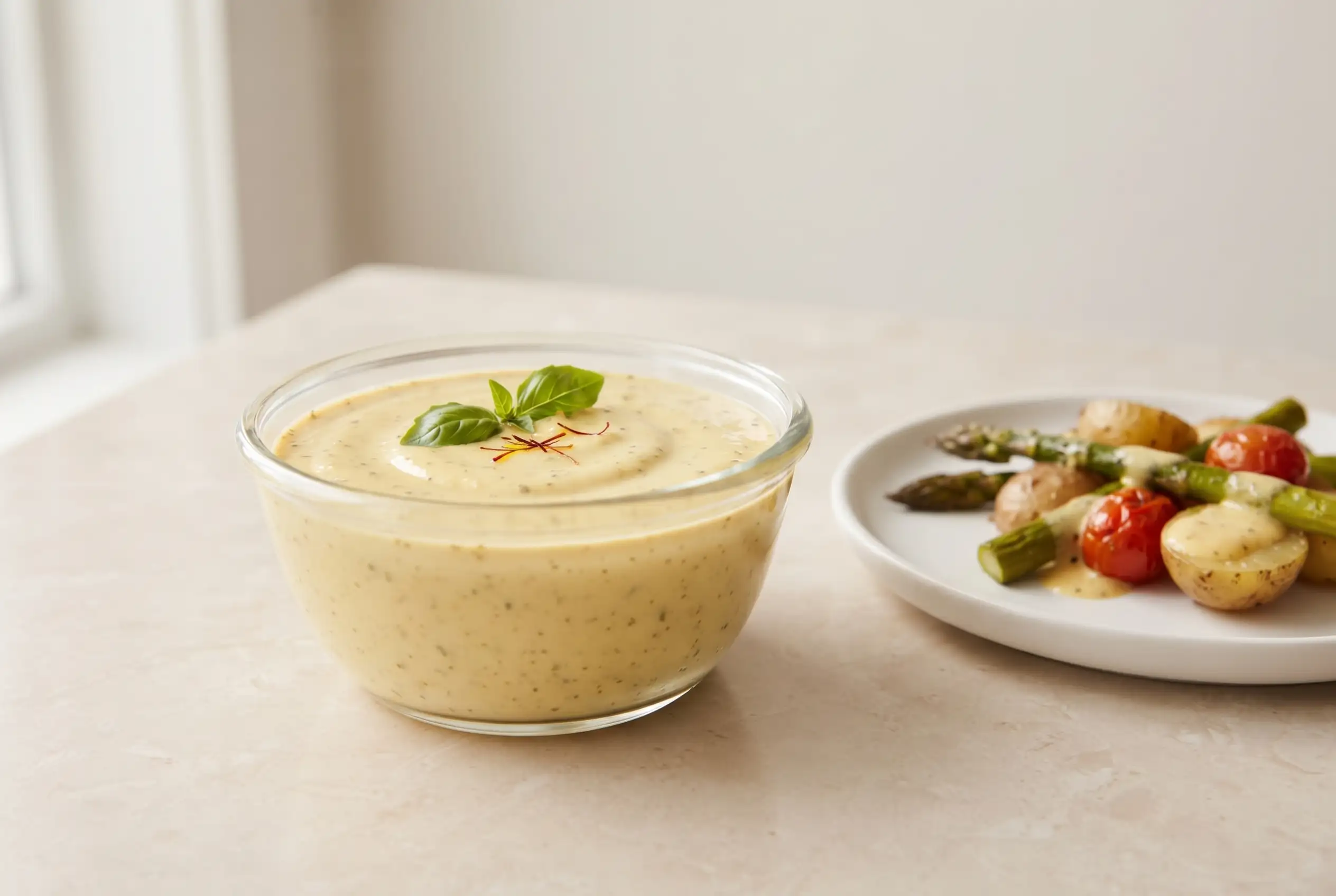 Sunshine sauce in a glass bowl with a creamy olive oil herb dressing texture beside roasted vegetables
