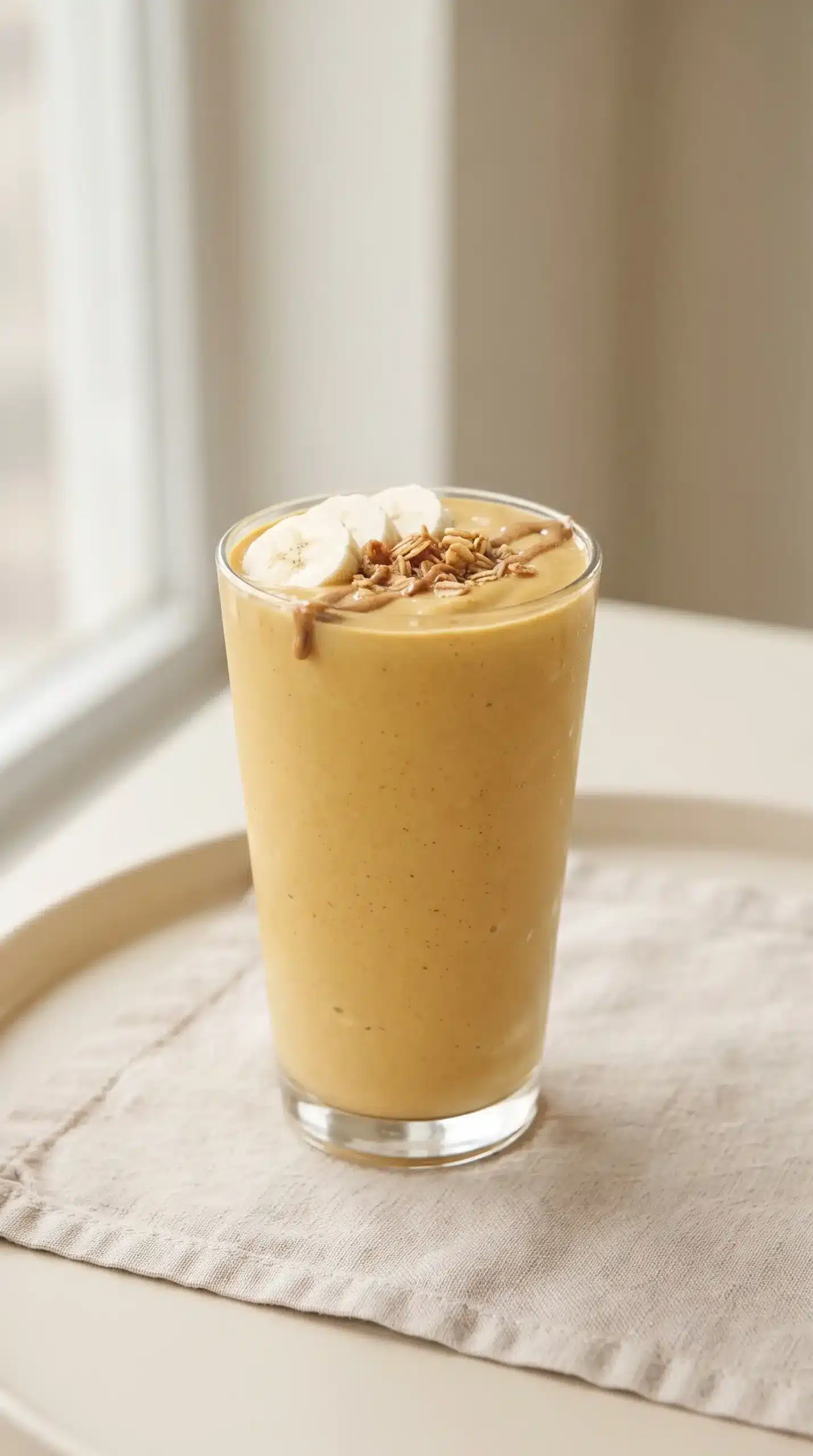 Creamy golden sweet potato almondmilk milkshake topped with banana slices, granola, and almond butter
