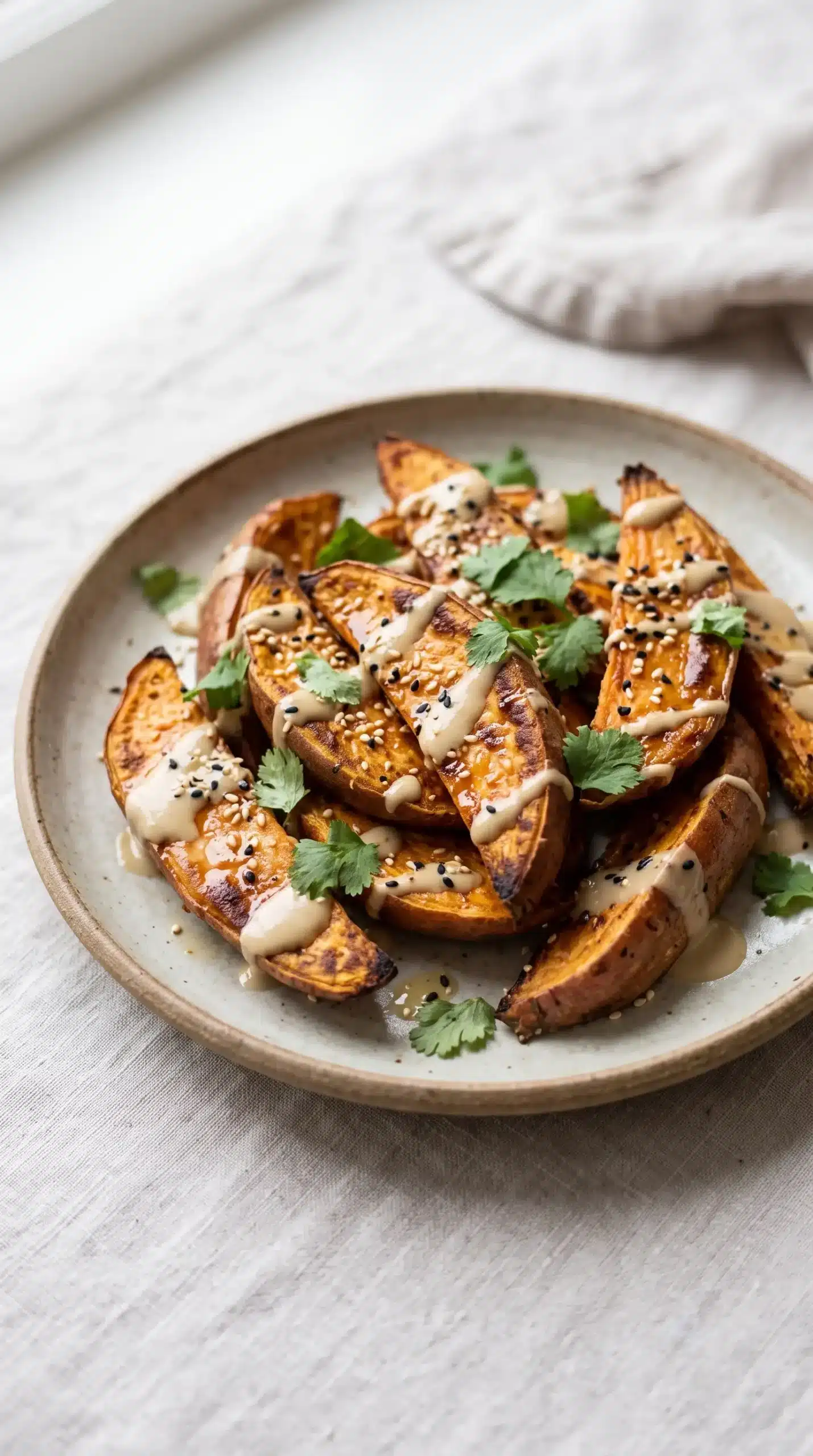 Serving of golden roasted sweet potato wedges topped with tahini, sesame, and cilantro