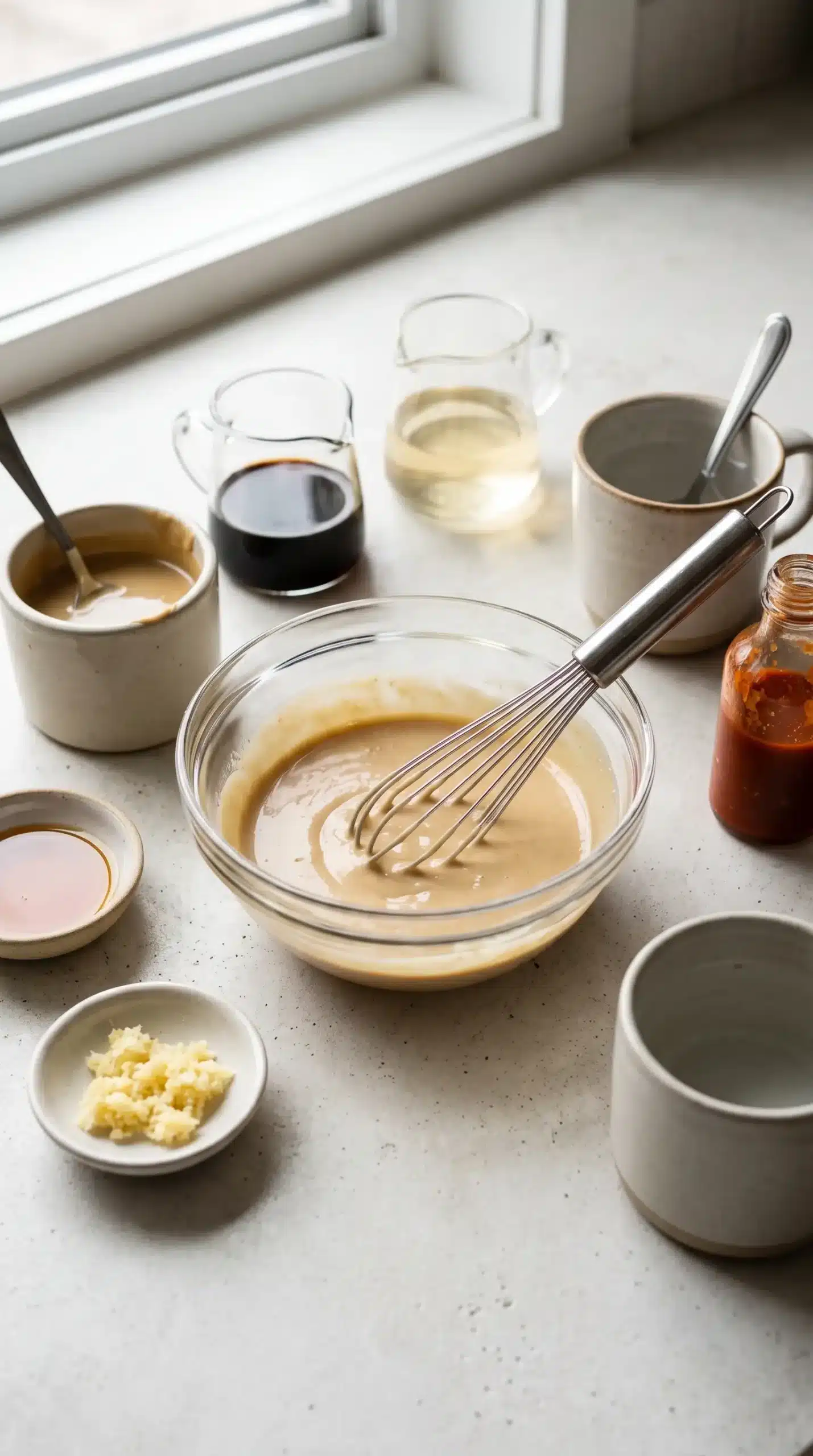 Creamy tahini sesame sauce being whisked with soy sauce, sesame oil, and garlic