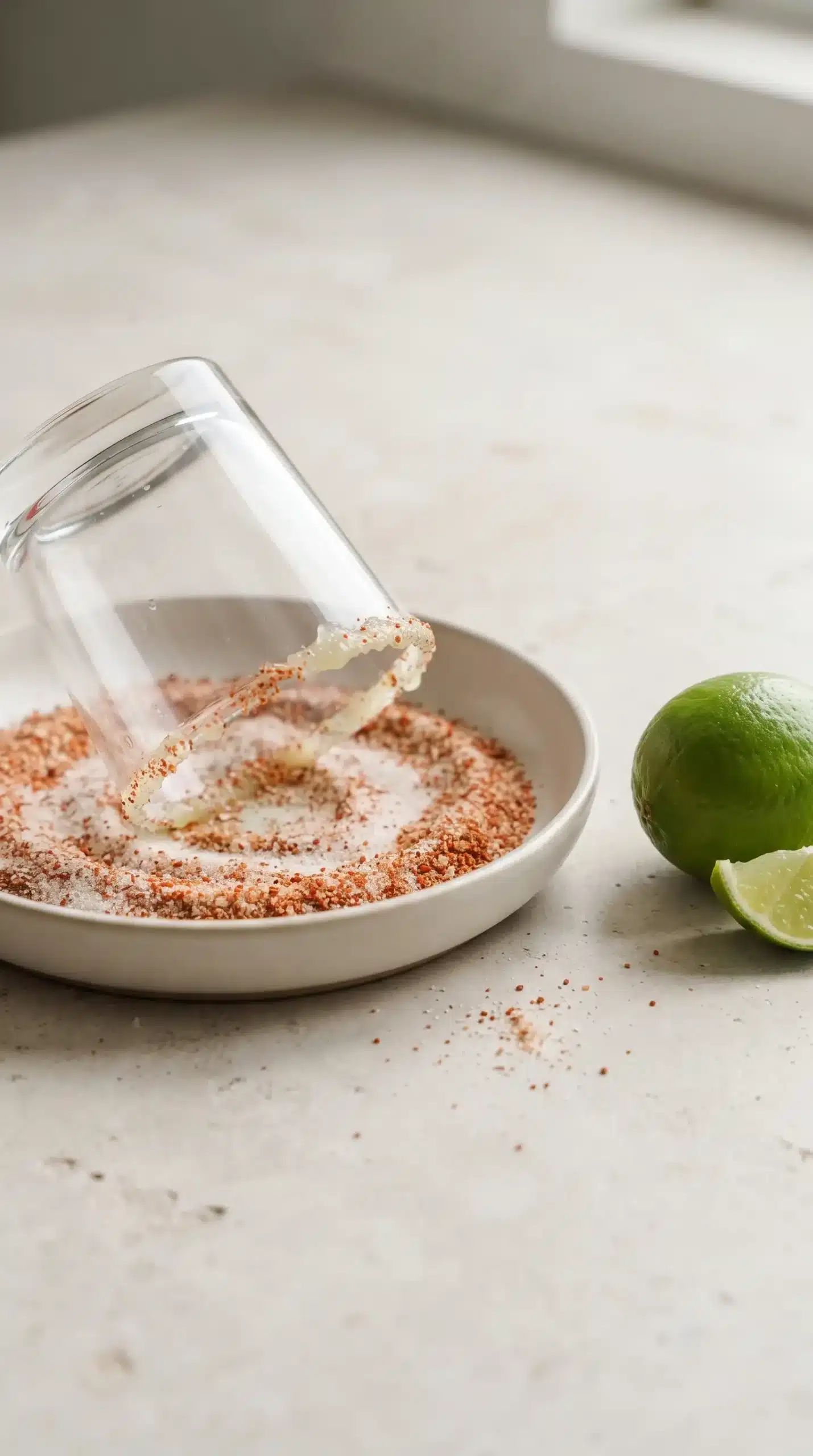 Glass rim being coated with Tajin, salt, and sugar mixture for a margarita mocktail