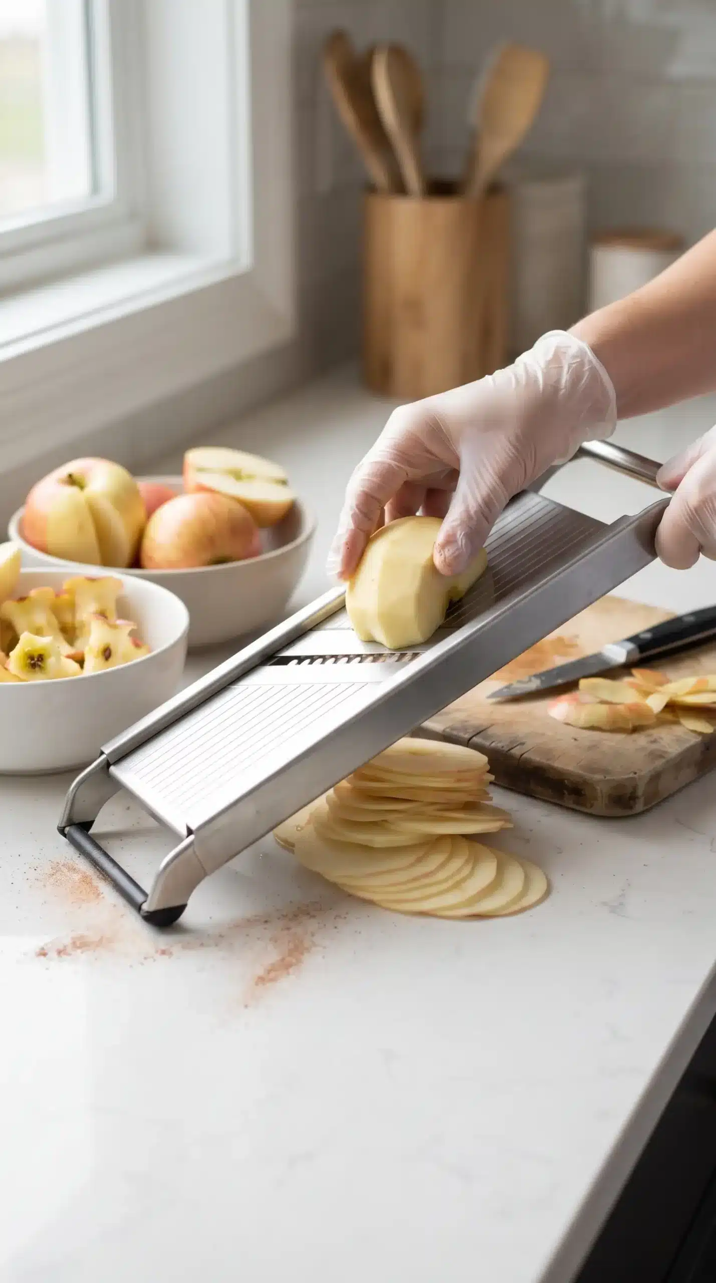 Thin apple slices being prepared with a mandoline for caramel apple crisp bars