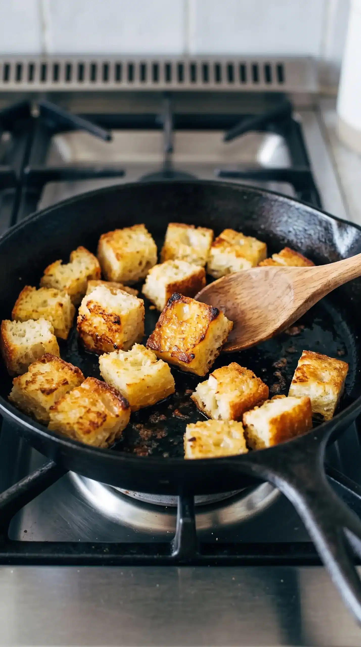 Ciabatta bread cubes toasting in a skillet for a crispy panzanella salad base