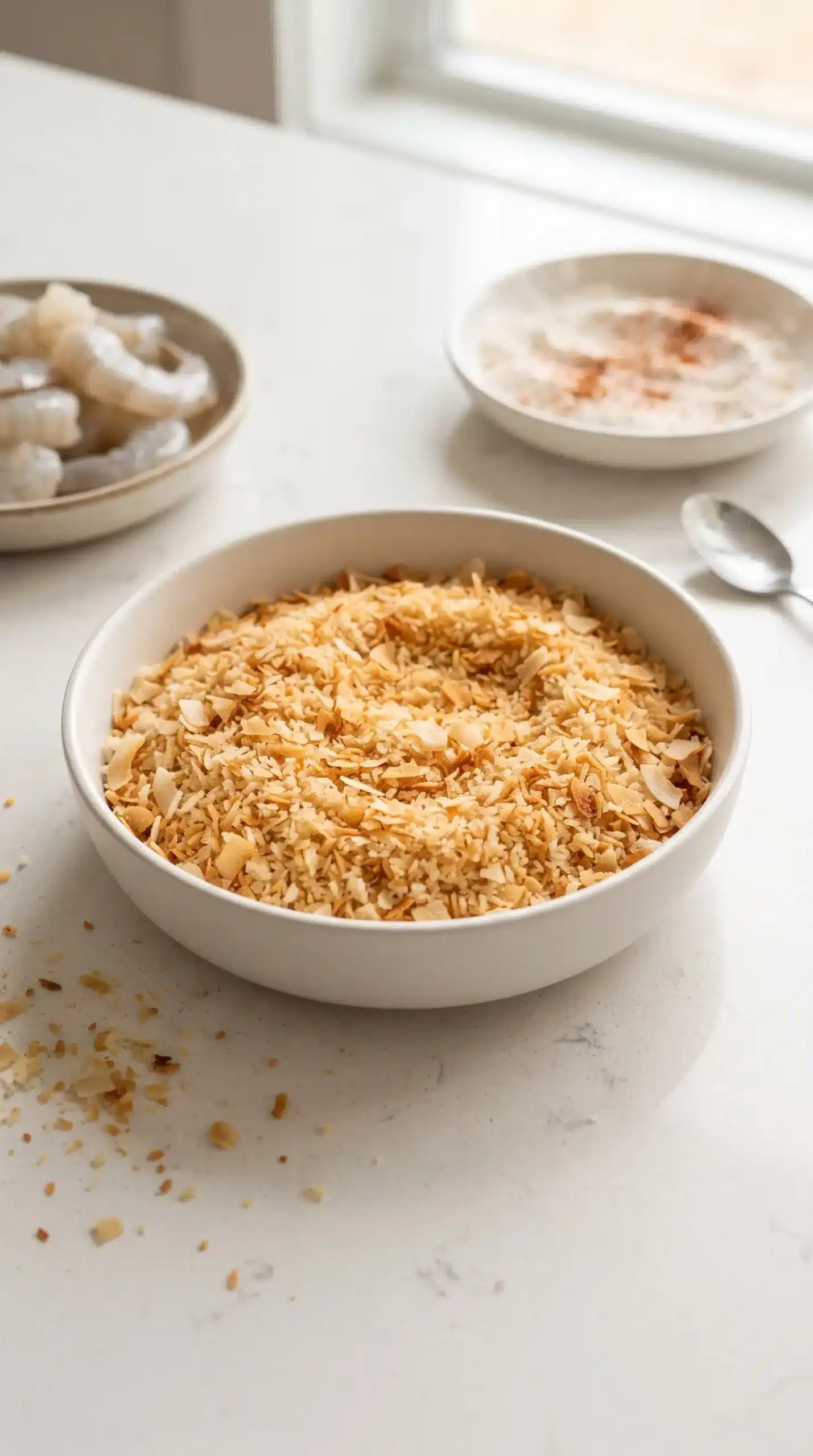 Toasted coconut panko coating mixture for baked coconut shrimp preparation