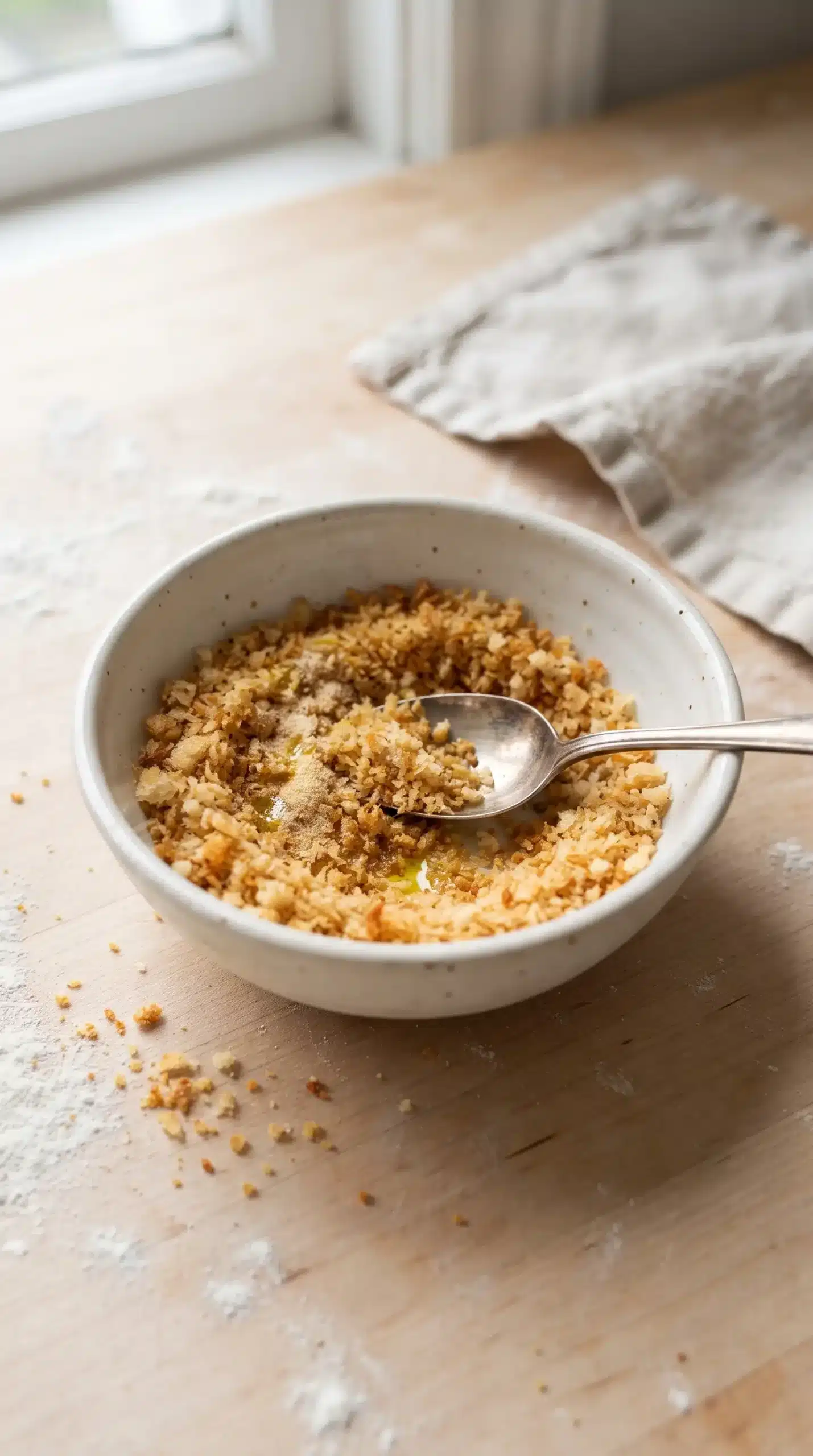 Toasted panko crispies with seasonings being stirred in a small bowl