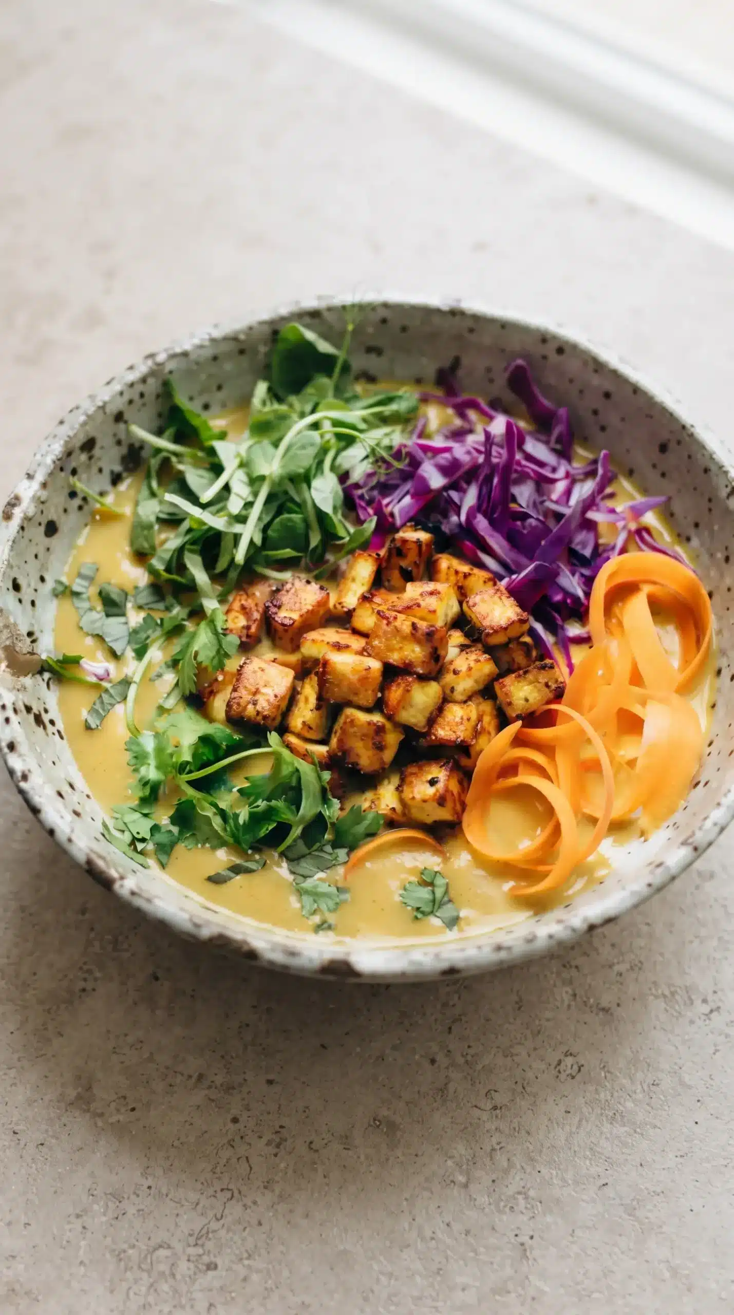 Bowl of tofu coconut curry soup topped with crispy tofu and fresh vegetables