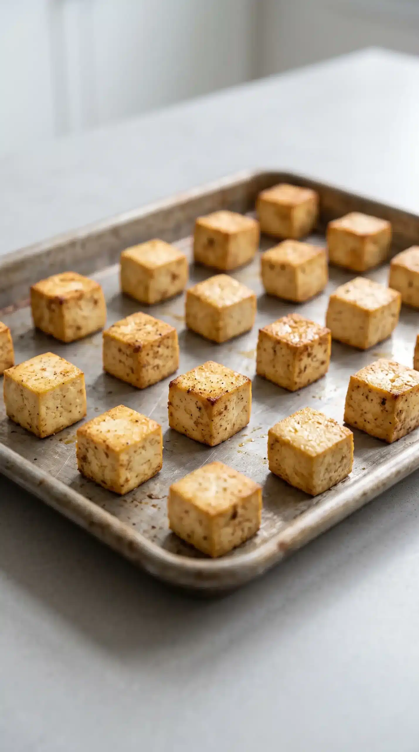 Seasoned tofu cubes spaced on a baking sheet before roasting