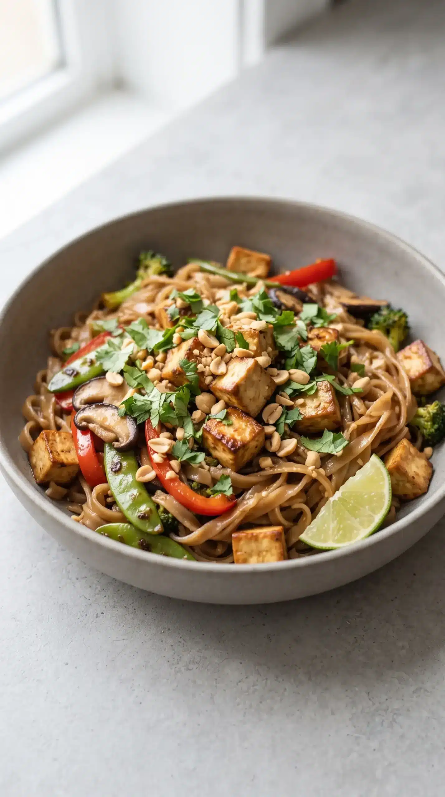 Finished tofu noodle stir fry with vegetables, cilantro, peanuts, and lime