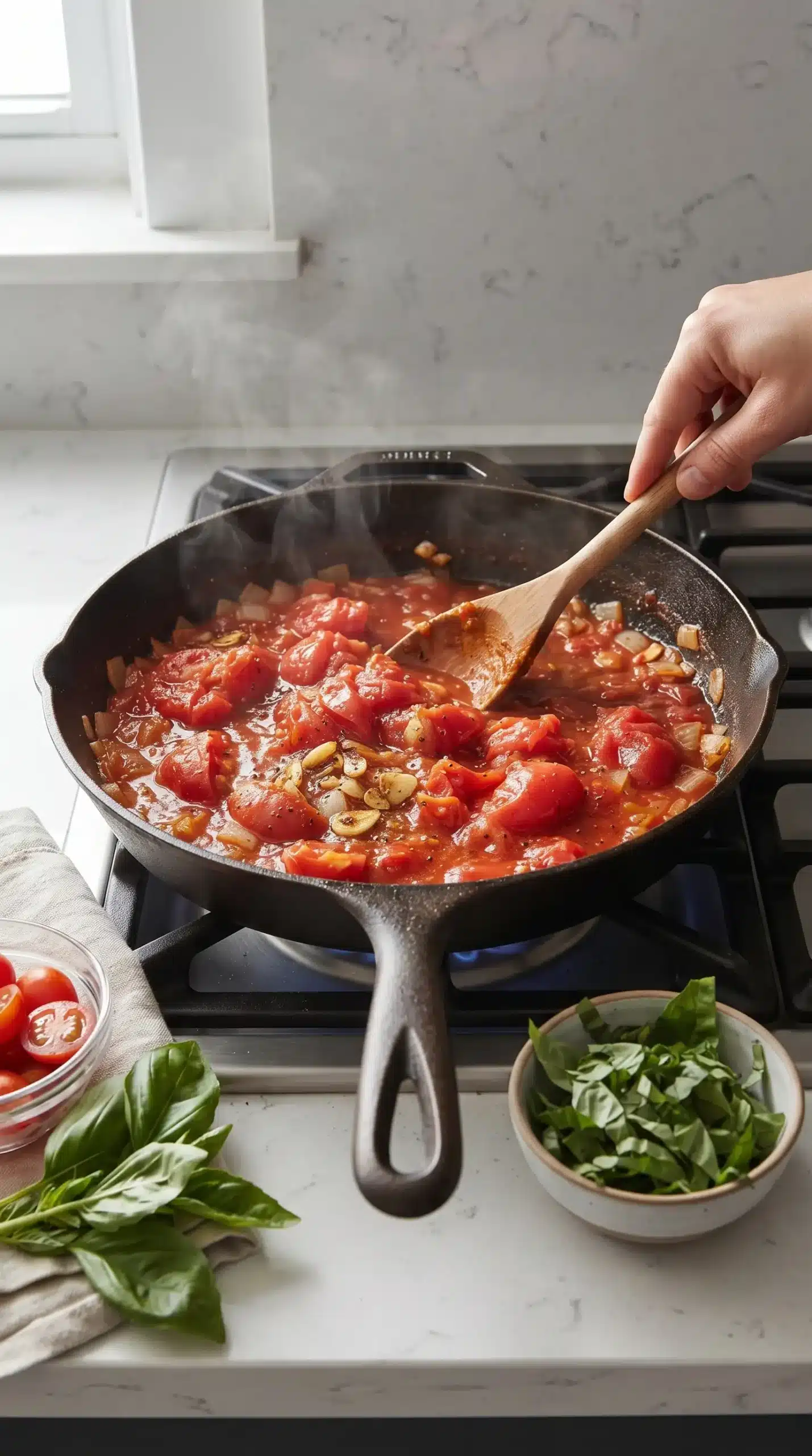 Tomato basil sauce cooking with garlic, onion, and tomatoes in a skillet