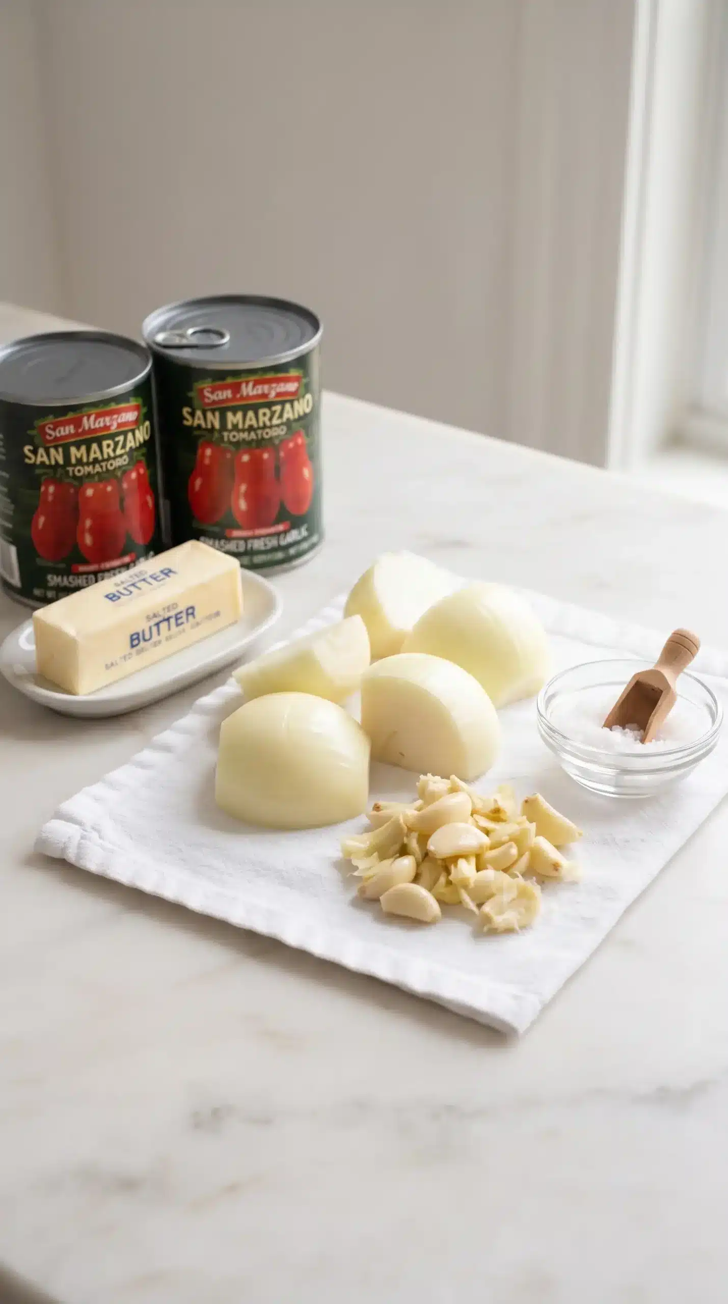 Ingredients for tomato soup with San Marzano tomatoes, butter, onion, garlic, and salt