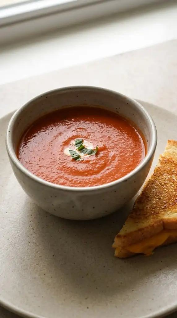 Bowl of tomato soup served with grilled cheese pairing