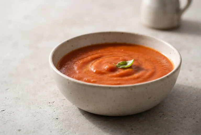 Bowl of smooth tomato soup made with San Marzano tomatoes and butter
