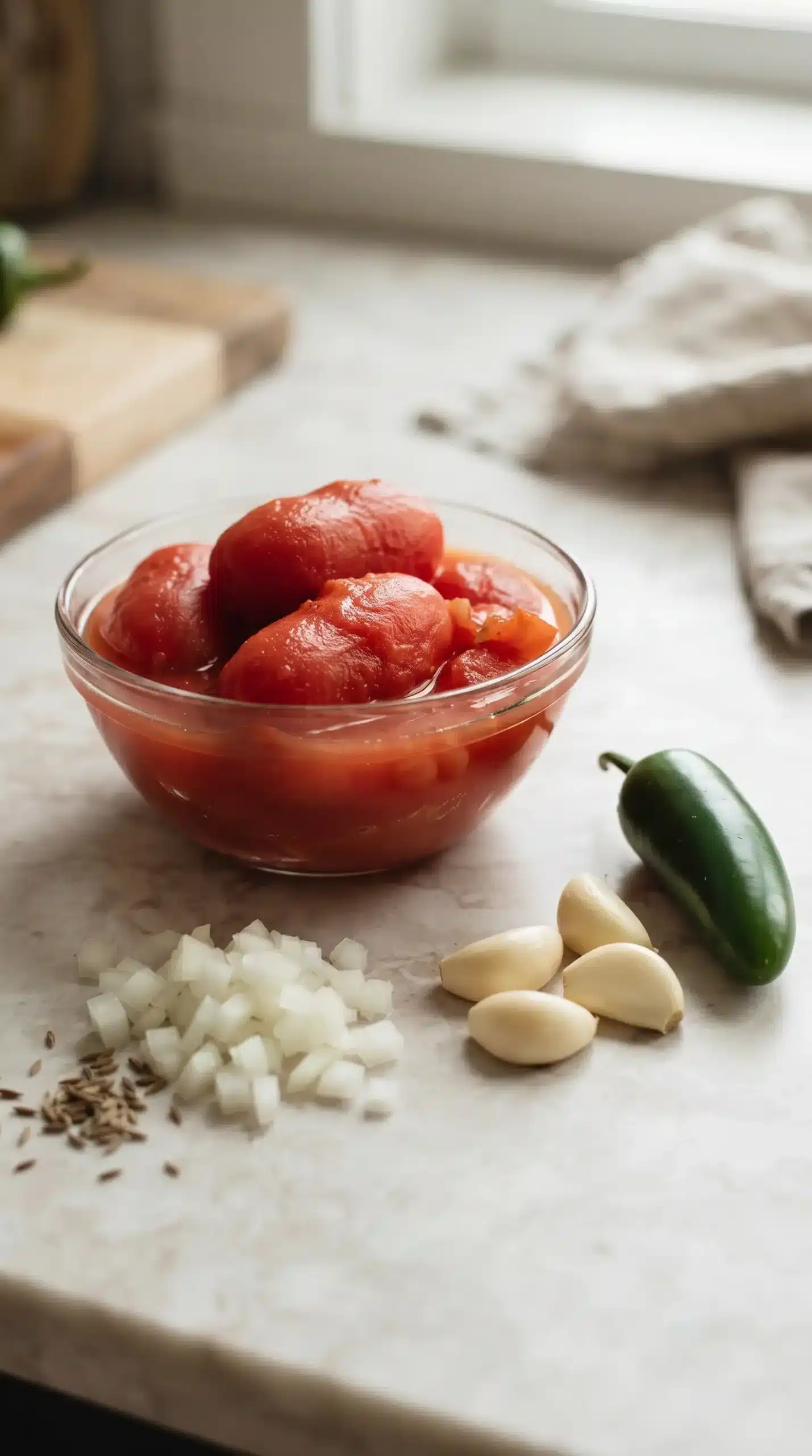 Whole peeled tomatoes with onion, garlic, and jalapeno for enchilada sauce preparation