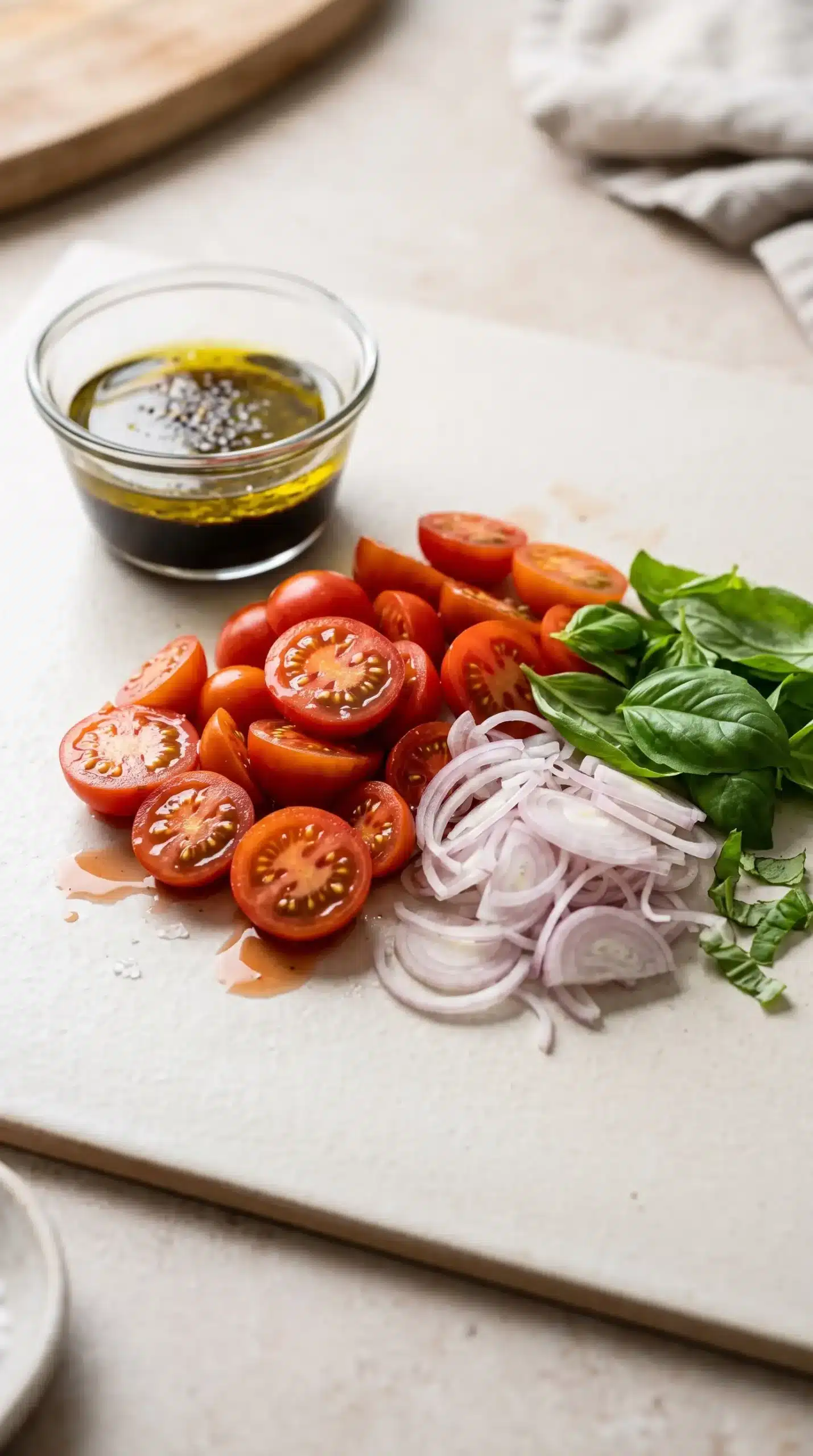 Cherry tomatoes, sliced shallot, basil, olive oil, and balsamic prepared for BLT panzanella