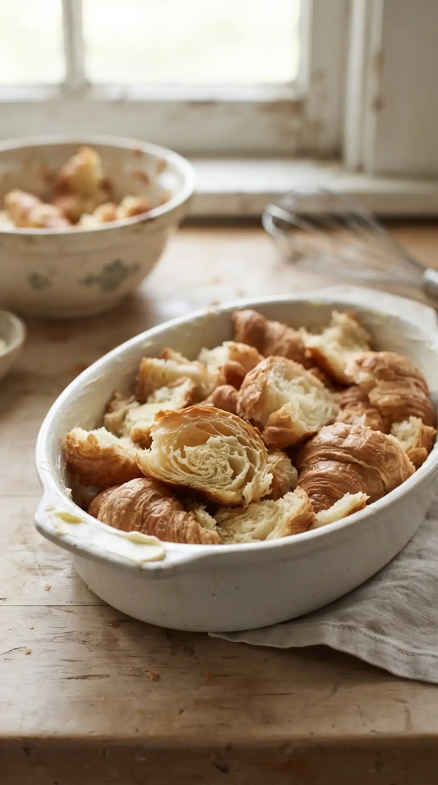 Torn day-old croissant pieces arranged in a buttered baking pan for French toast