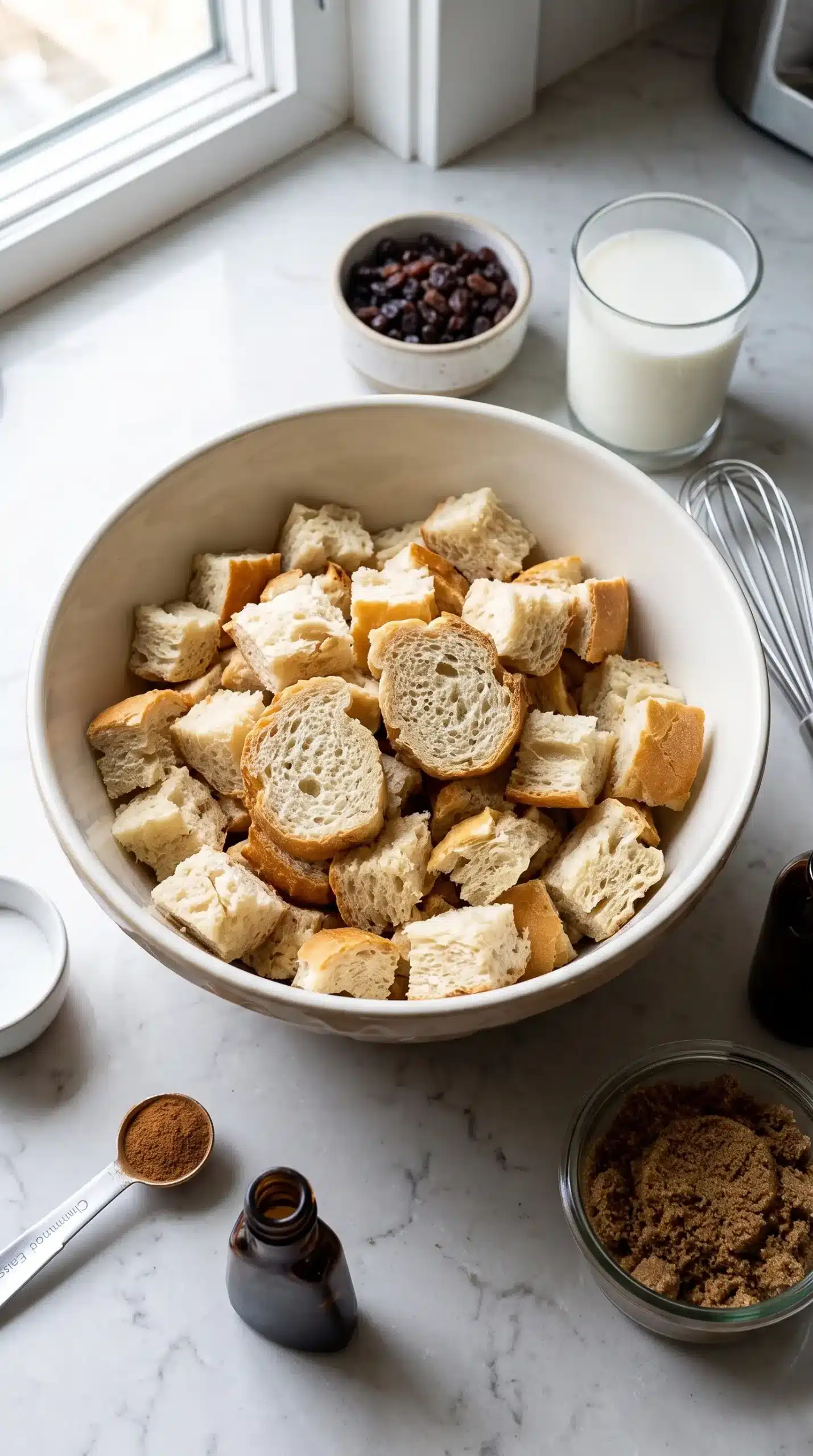 Torn French bread cubes prepared for a custardy bread pudding mixture