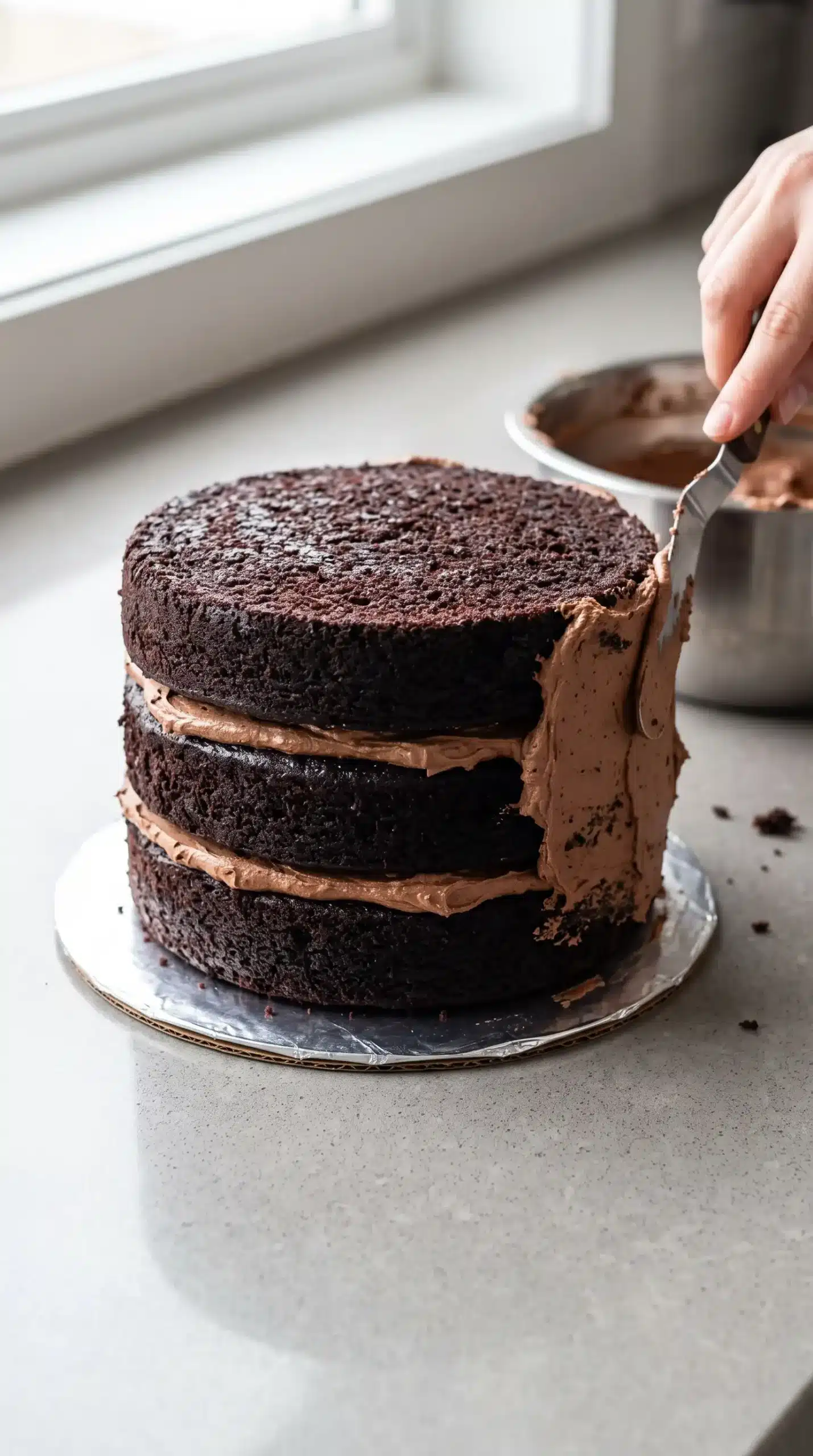 Triple layer chocolate cake being assembled with cream cheese frosting