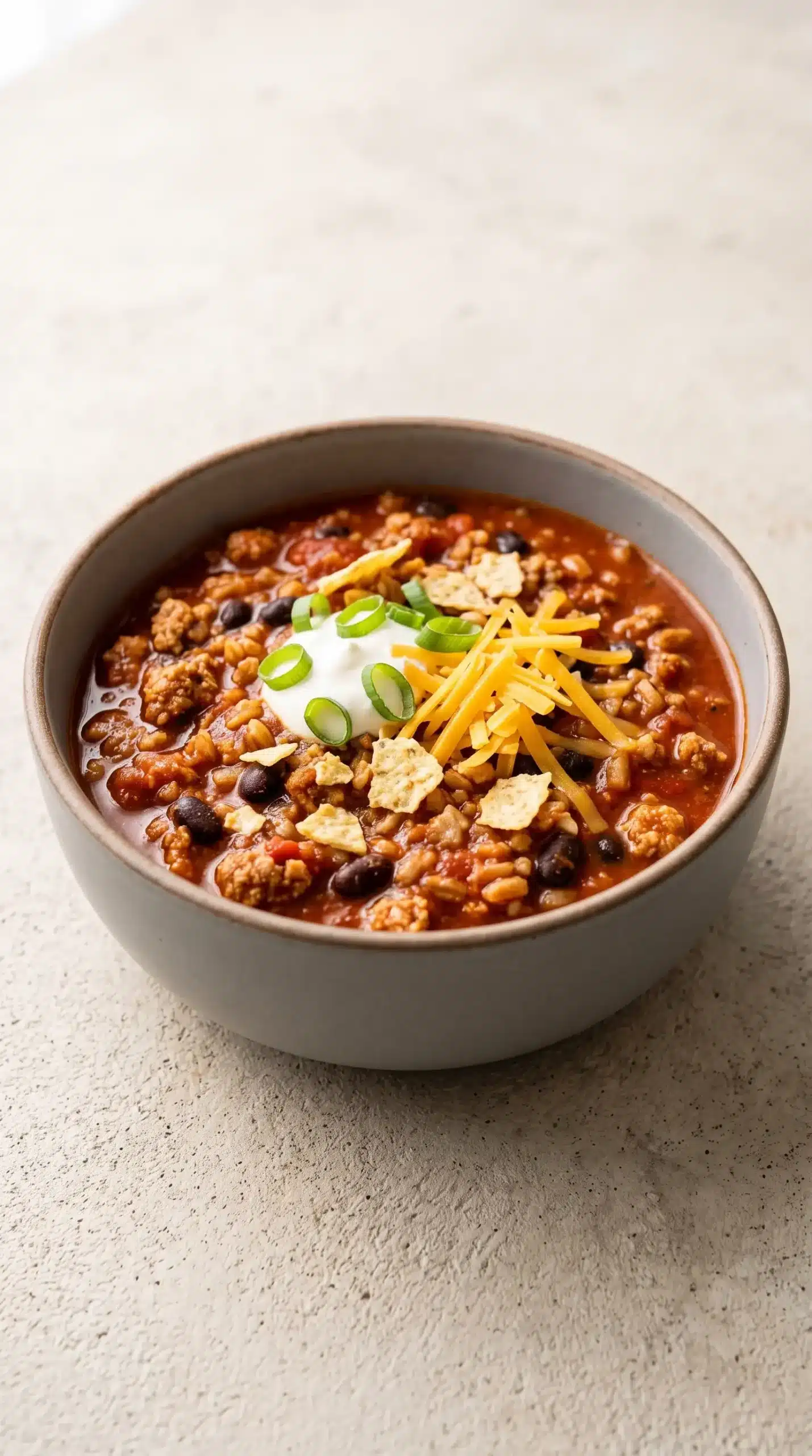 Finished bowl of turkey chili with farro, beans, sour cream, cheese, and green onions