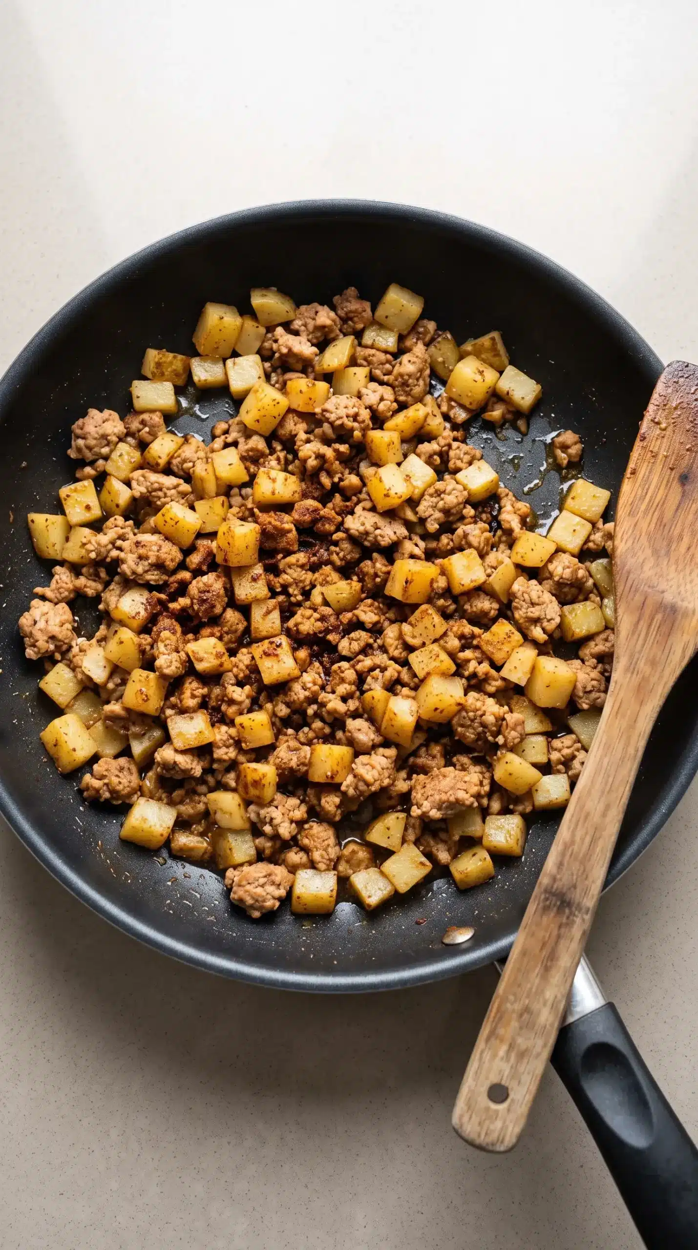 Skillet with seasoned turkey and golden potatoes prepared for breakfast enchilada filling