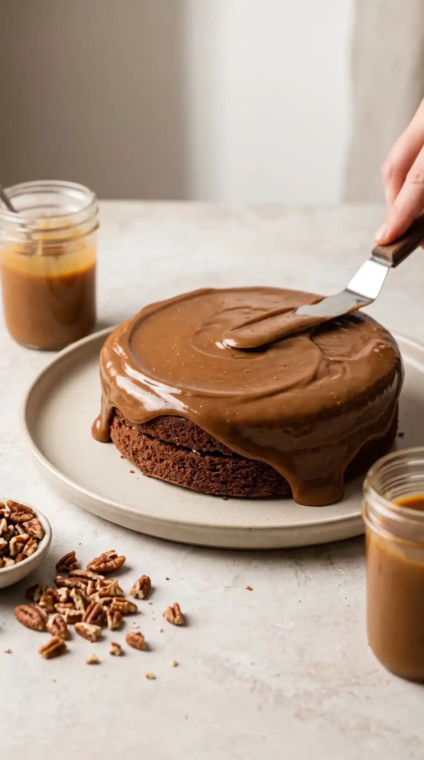 Chocolate cake layer being spread with coffee frosting during turtle cake assembly