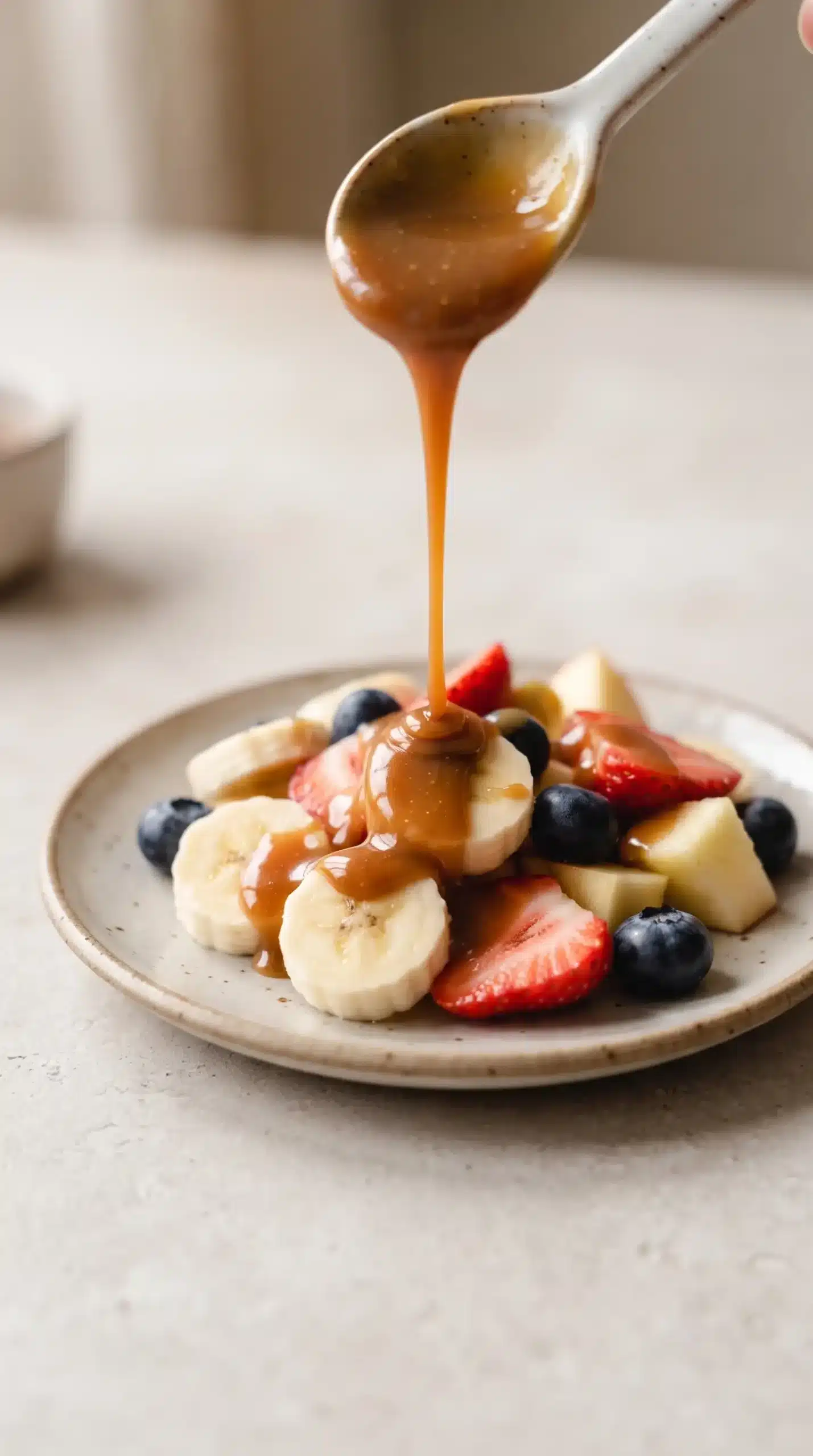 Vegan caramel sauce drizzled over fresh fruit on a ceramic plate