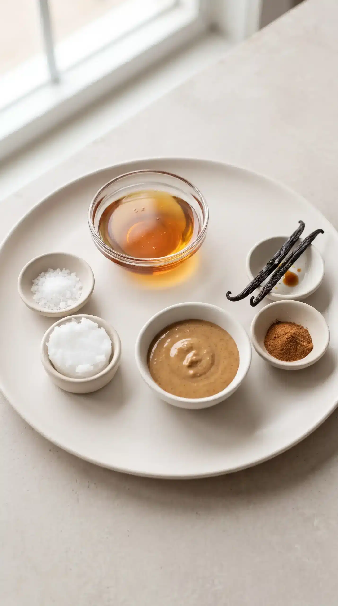 Maple syrup, almond butter, coconut oil, and seasonings for vegan caramel sauce