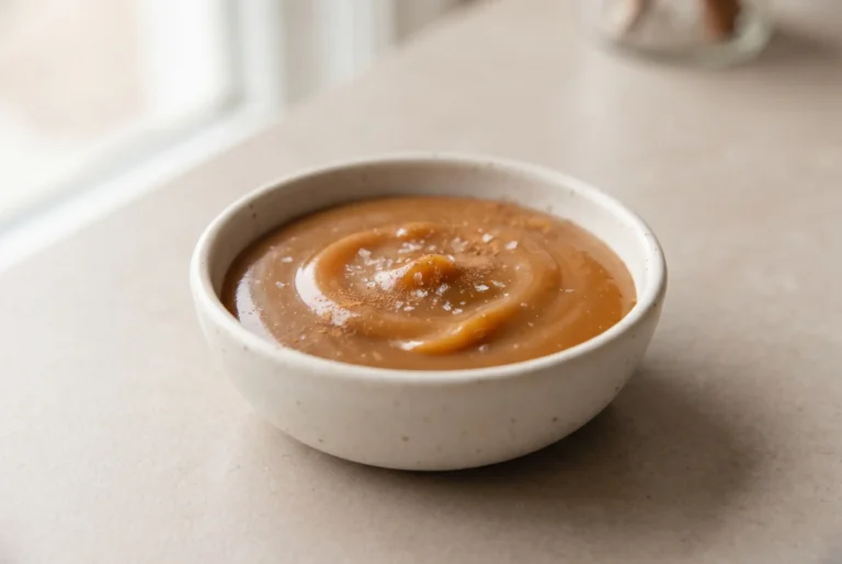 Vegan caramel sauce in a glass jar with a smooth glossy texture