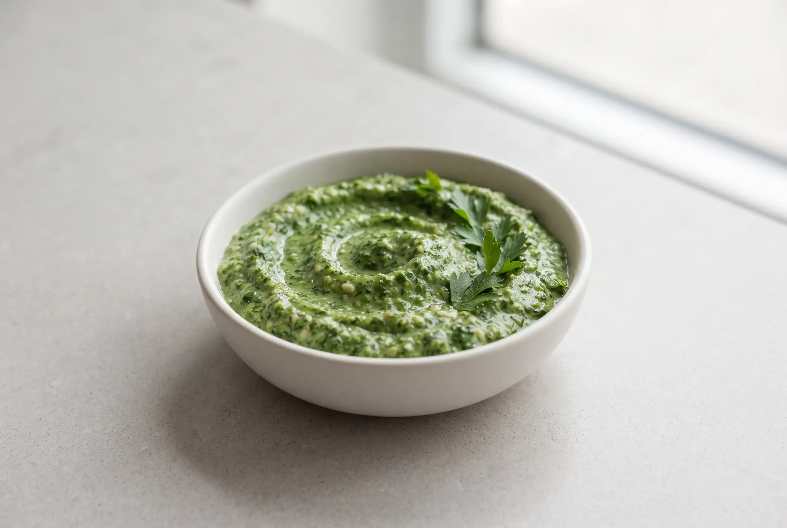 Vegan kale pesto in a bowl with almonds and parsley showing a smooth green dairy-free sauce