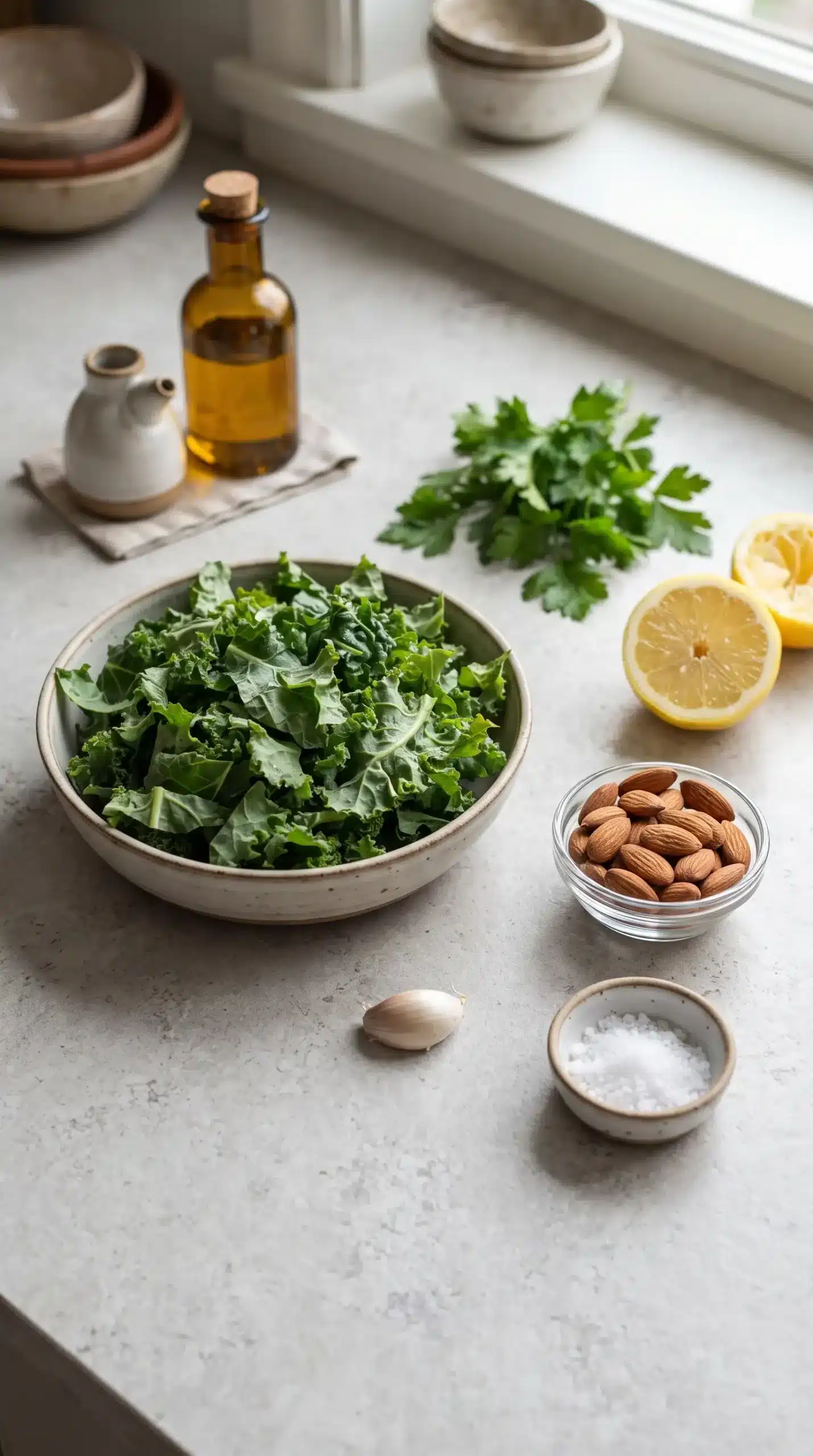 Kale, parsley, almonds, lemon, garlic, olive oil, and salt prepared for vegan kale pesto