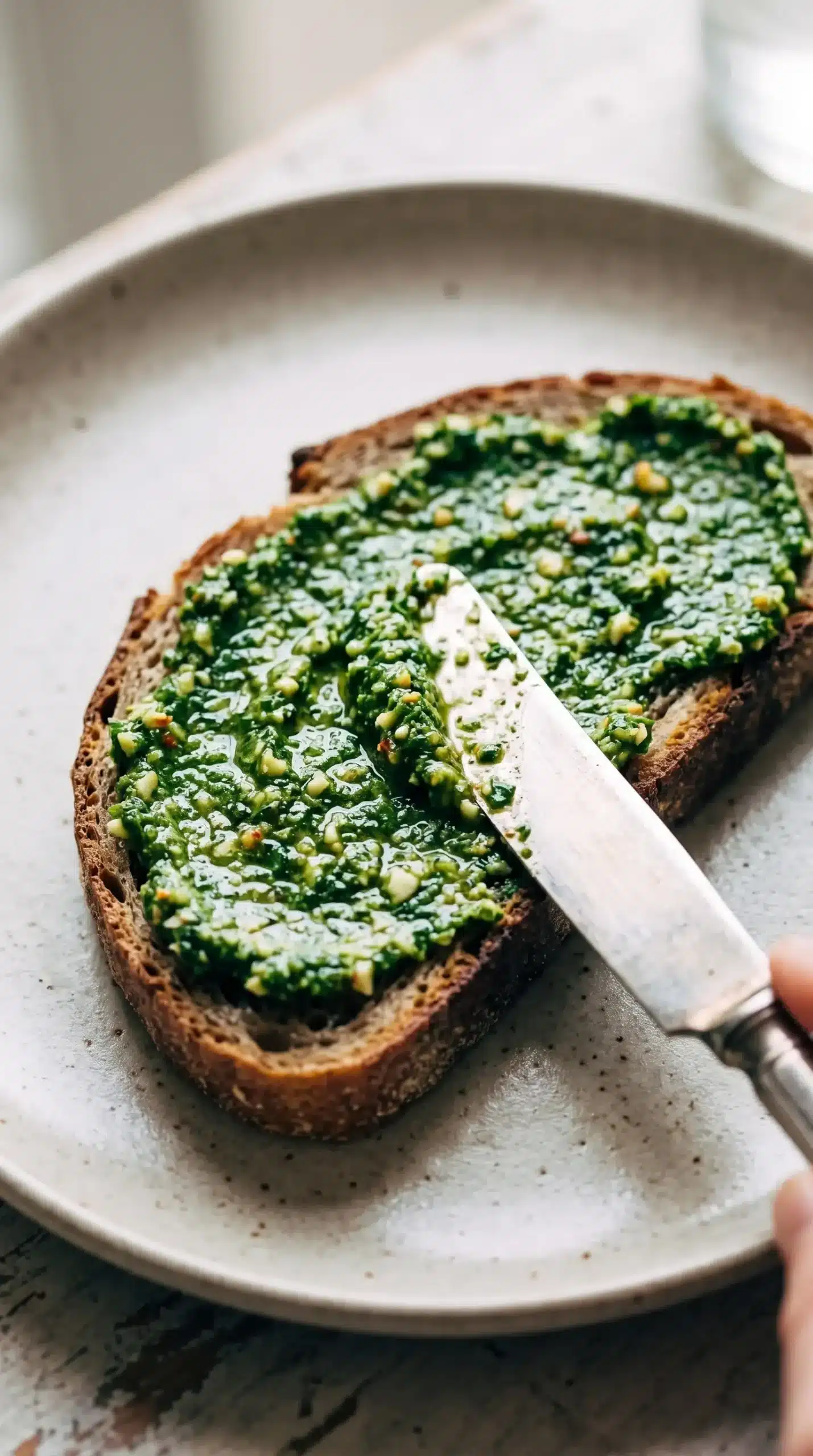Vegan kale pesto spread on bread showing its creamy texture and almond flecks