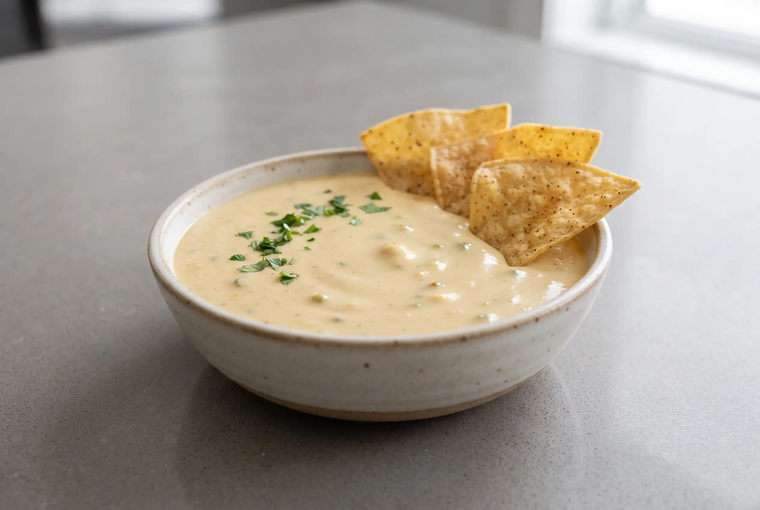 Creamy vegan queso dip with cashew sauce and taco seasoning served with tortilla chips in a bowl