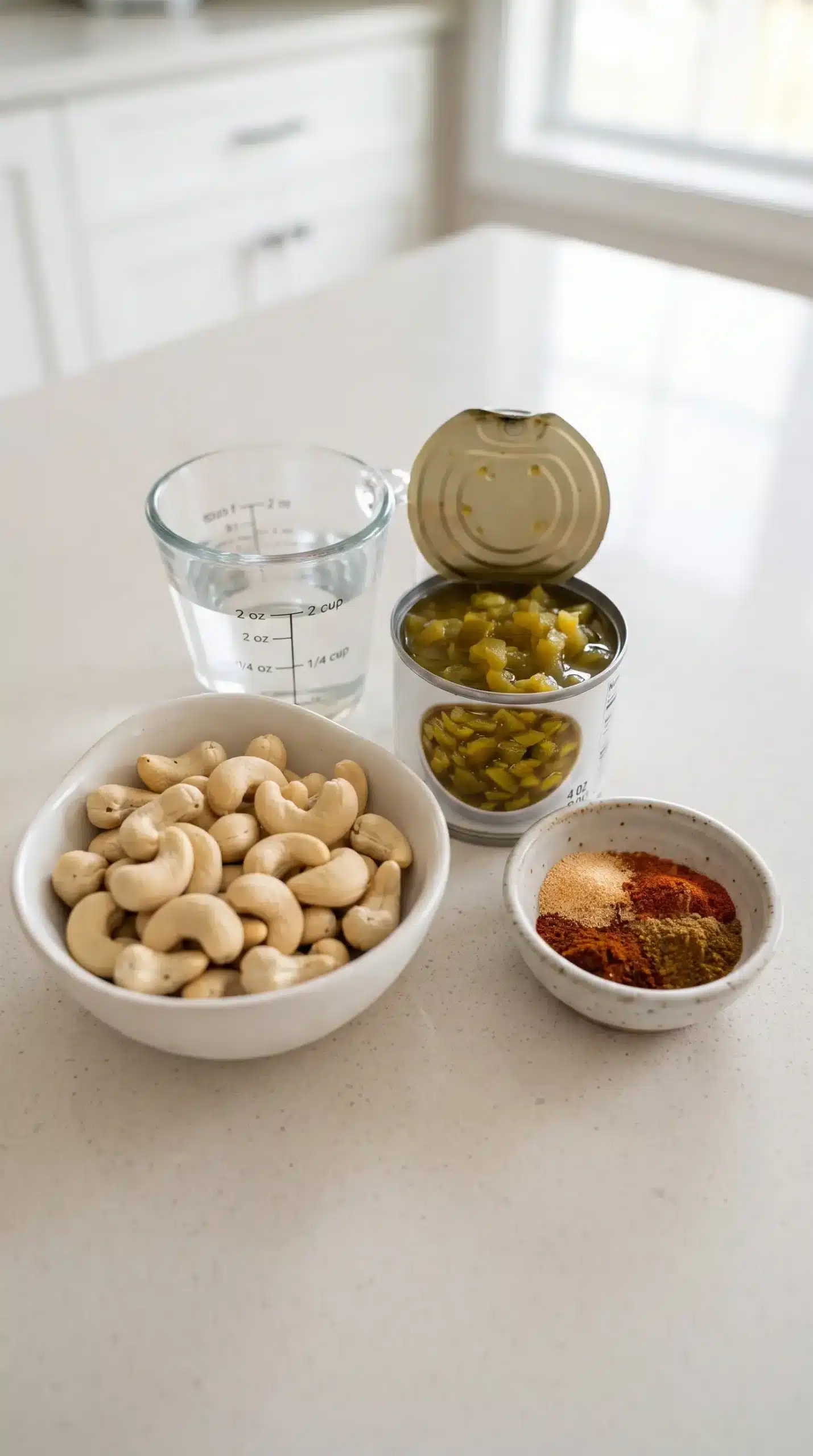 Cashews, water, diced green chiles, and taco seasoning used to make vegan queso
