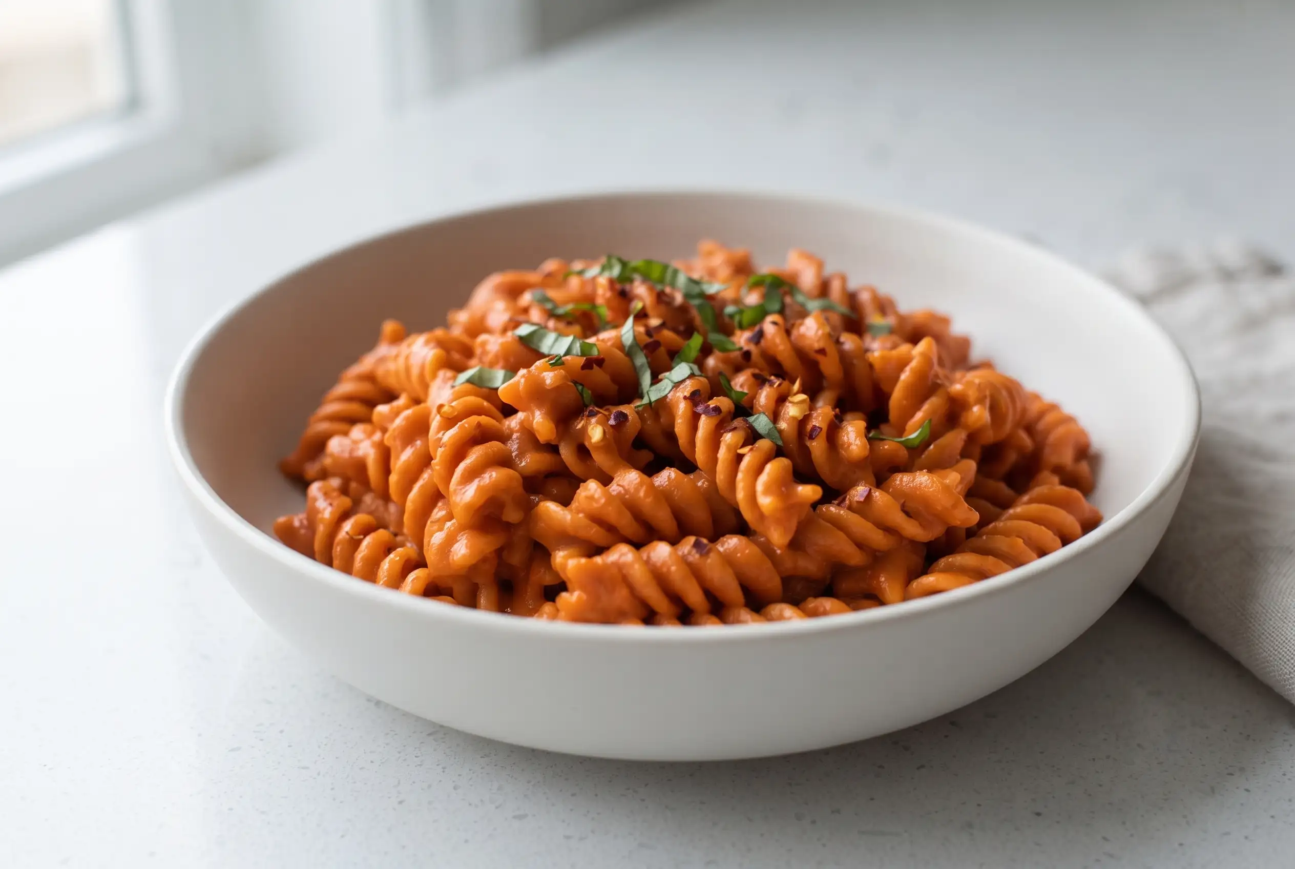 Vegan vodka pasta with creamy tomato coconut milk sauce and rotini pasta in a bowl