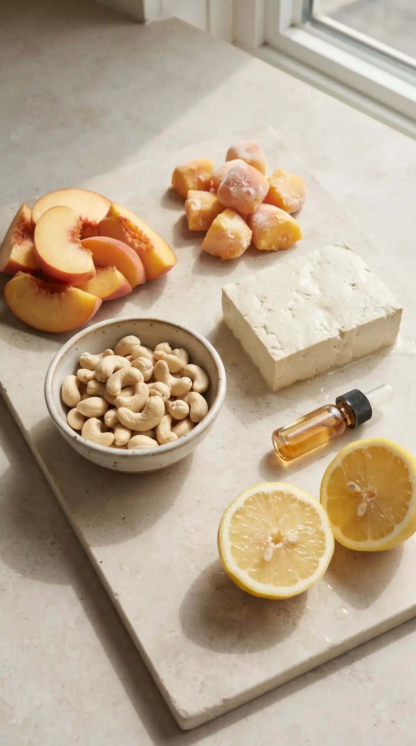 Peaches, cashews, tofu, sweetener, and lemon used to make vegan yogurt