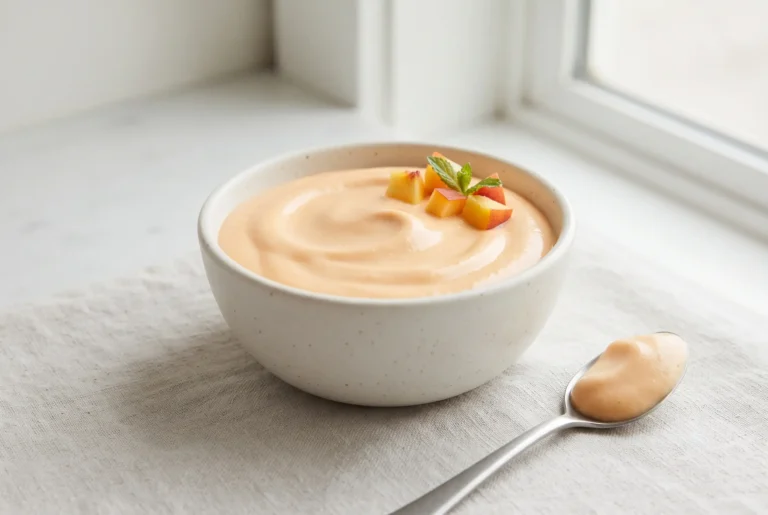 Creamy peach vegan yogurt in a bowl with a smooth dairy-free texture and peach garnish