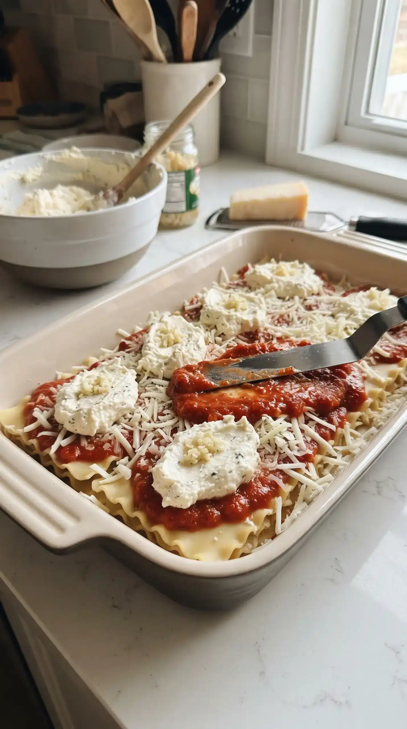Uncooked vegetarian lasagna layers with noodles, tomato sauce, mascarpone, and cheese